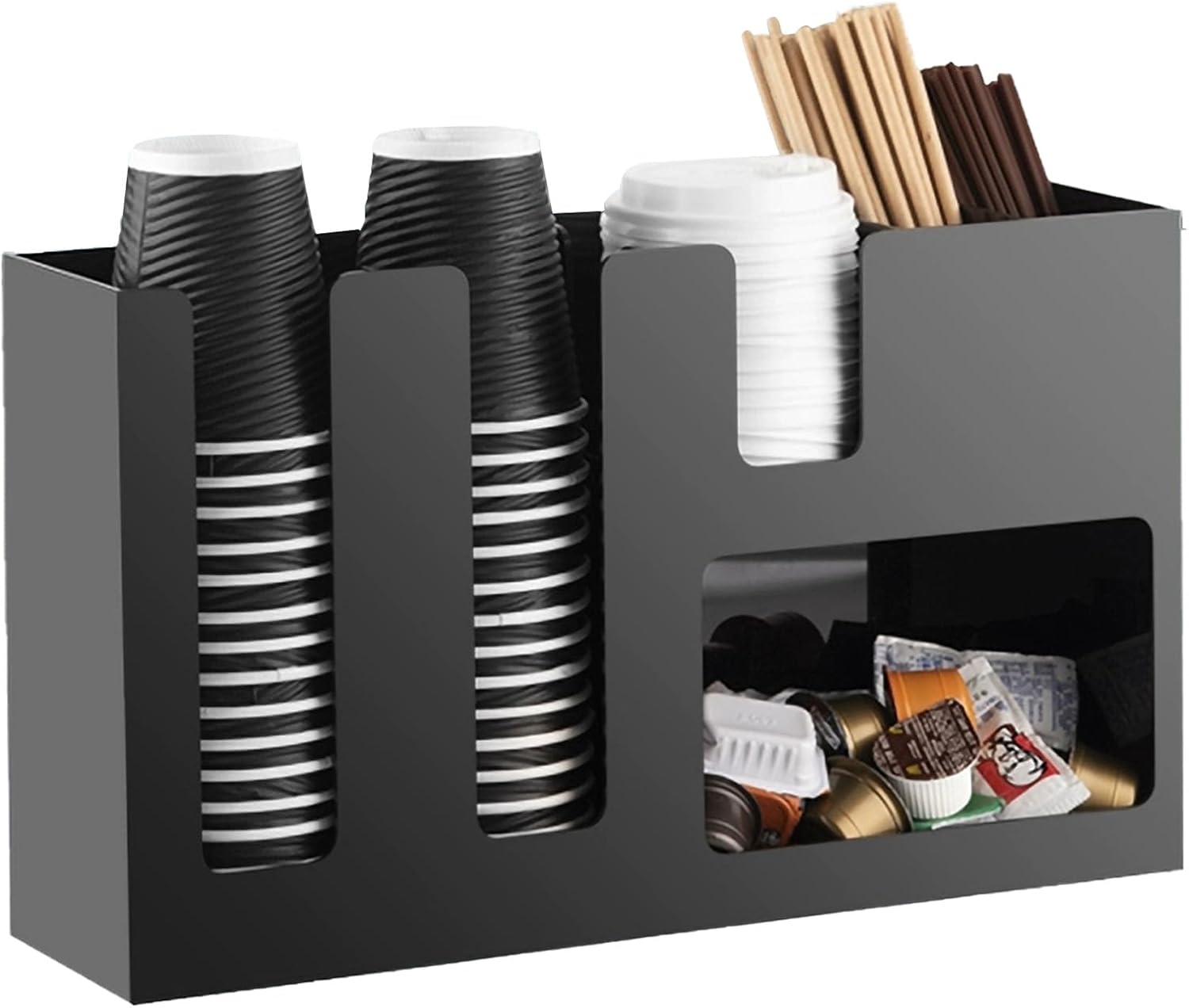6 Compartment Coffee Condiment and Cup Storage Organizer Black