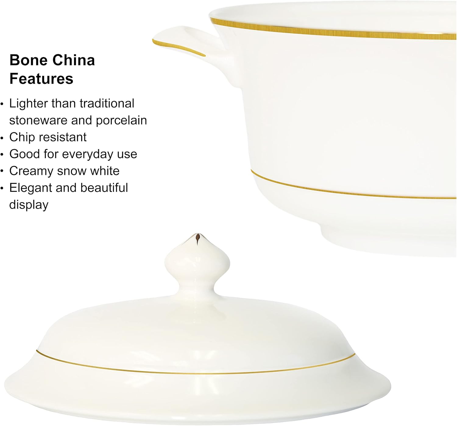 Elegant 2-Piece Bone China Soup Tureen Set with Lid Gold Rim 297QT