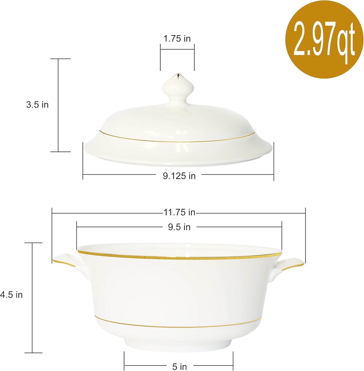 Elegant 2-Piece Bone China Soup Tureen Set with Lid Gold Rim 297QT