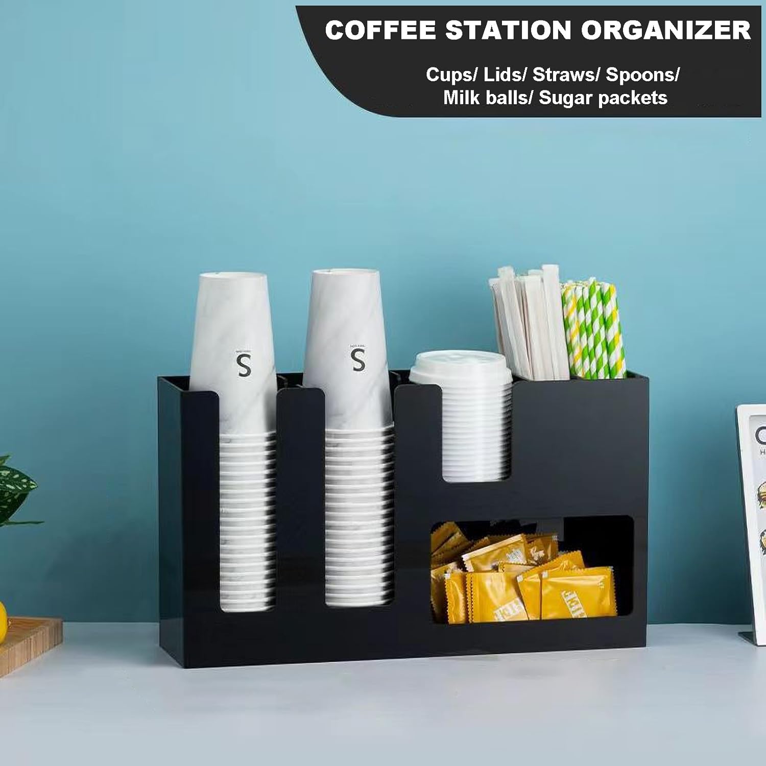 6 Compartment Coffee Condiment and Cup Storage Organizer Black