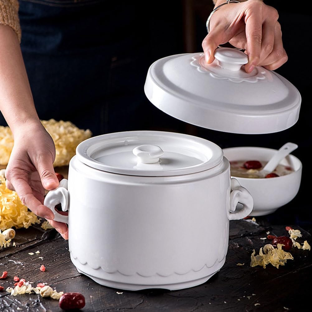 Hemoton White Ceramic Soup Noodle Bowl with Lid