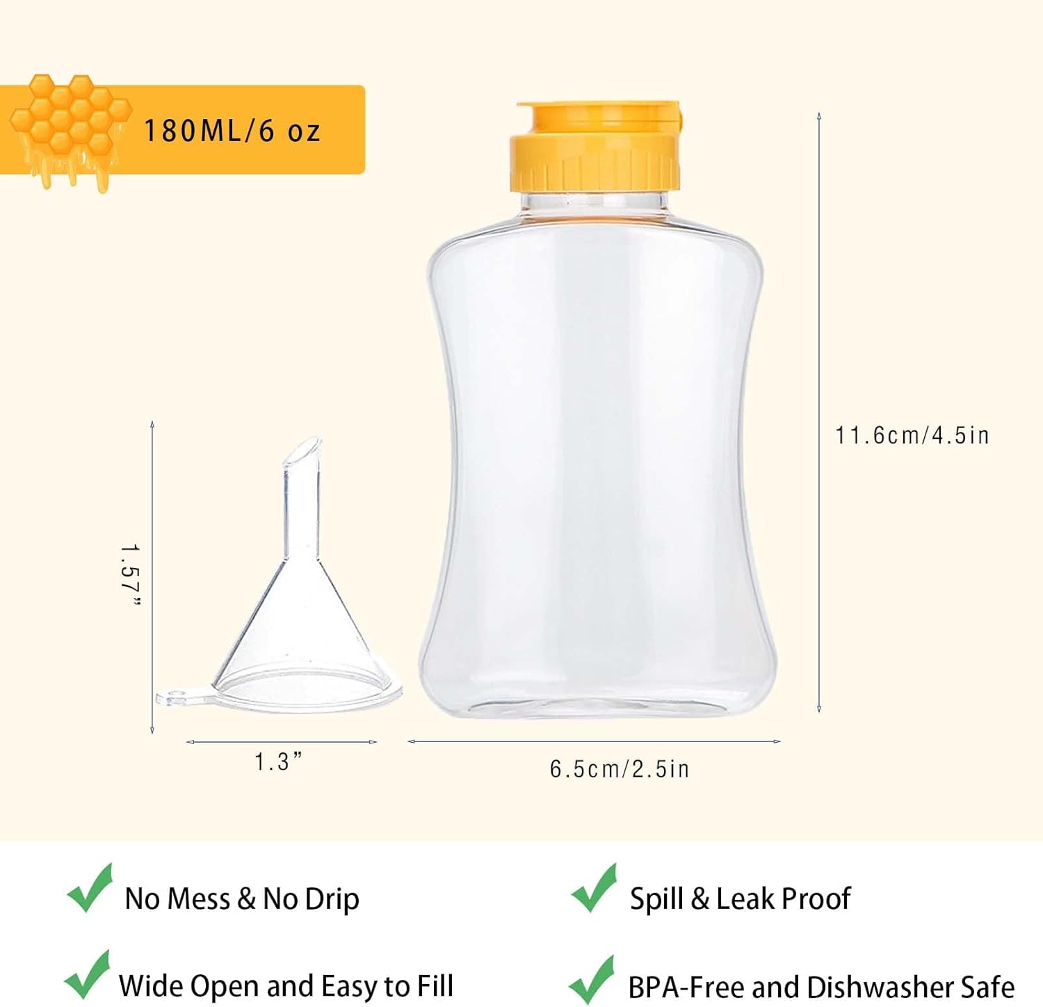 2-Pack Plastic Honey Squeeze Bottles with Funnel Durable BPA-Free Kitchen Dispensers