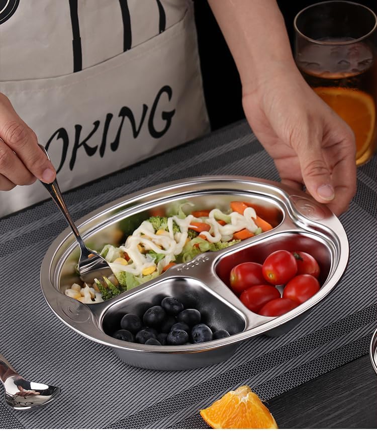 SOUJOY 4-Piece Stainless Steel Divided Plate 3-Section Diet Control