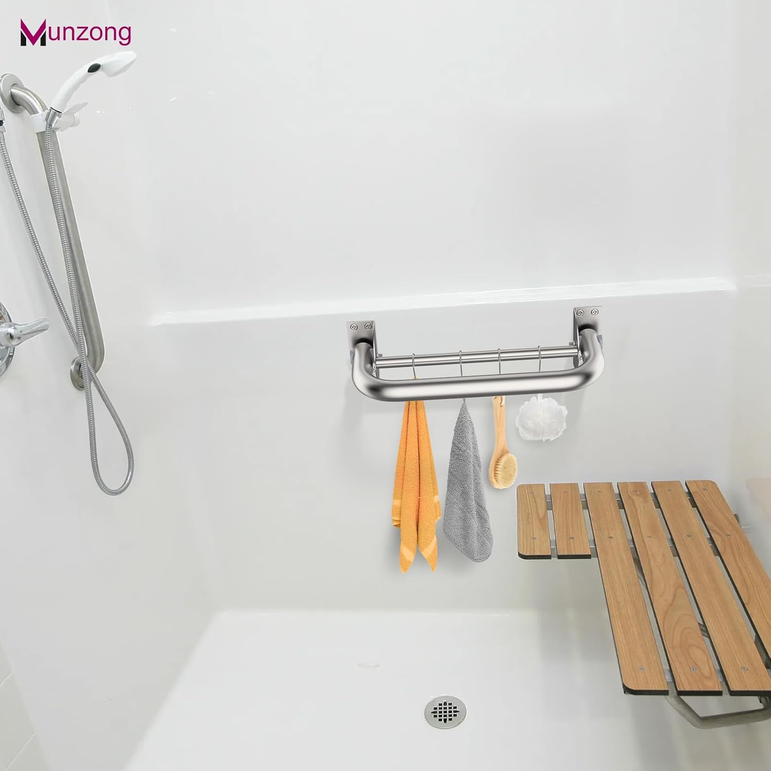 Munzong 16 Inch Stainless Steel Shower Grab Bar with Hooks