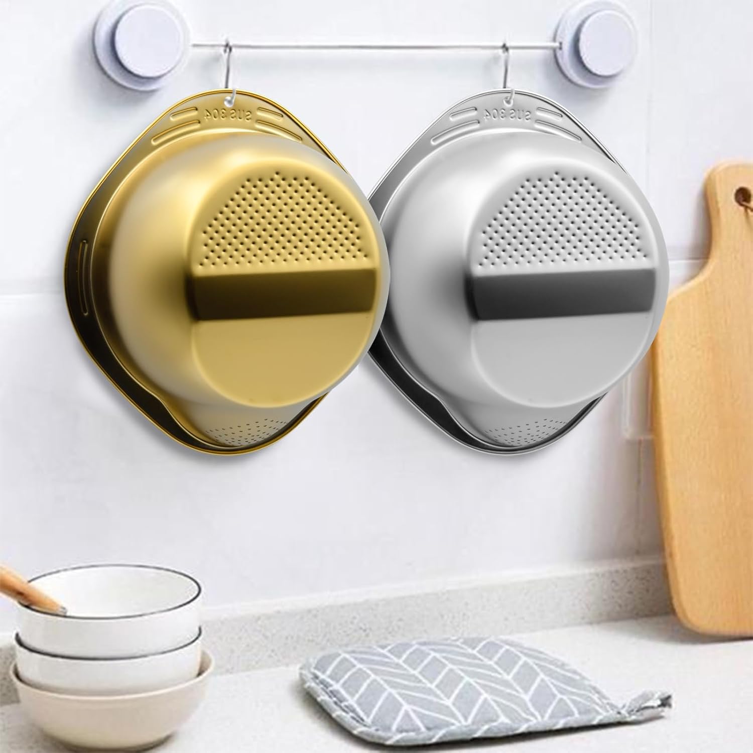 Stainless Steel Rice Washer Strainer Bowl 2pcs Gold Set