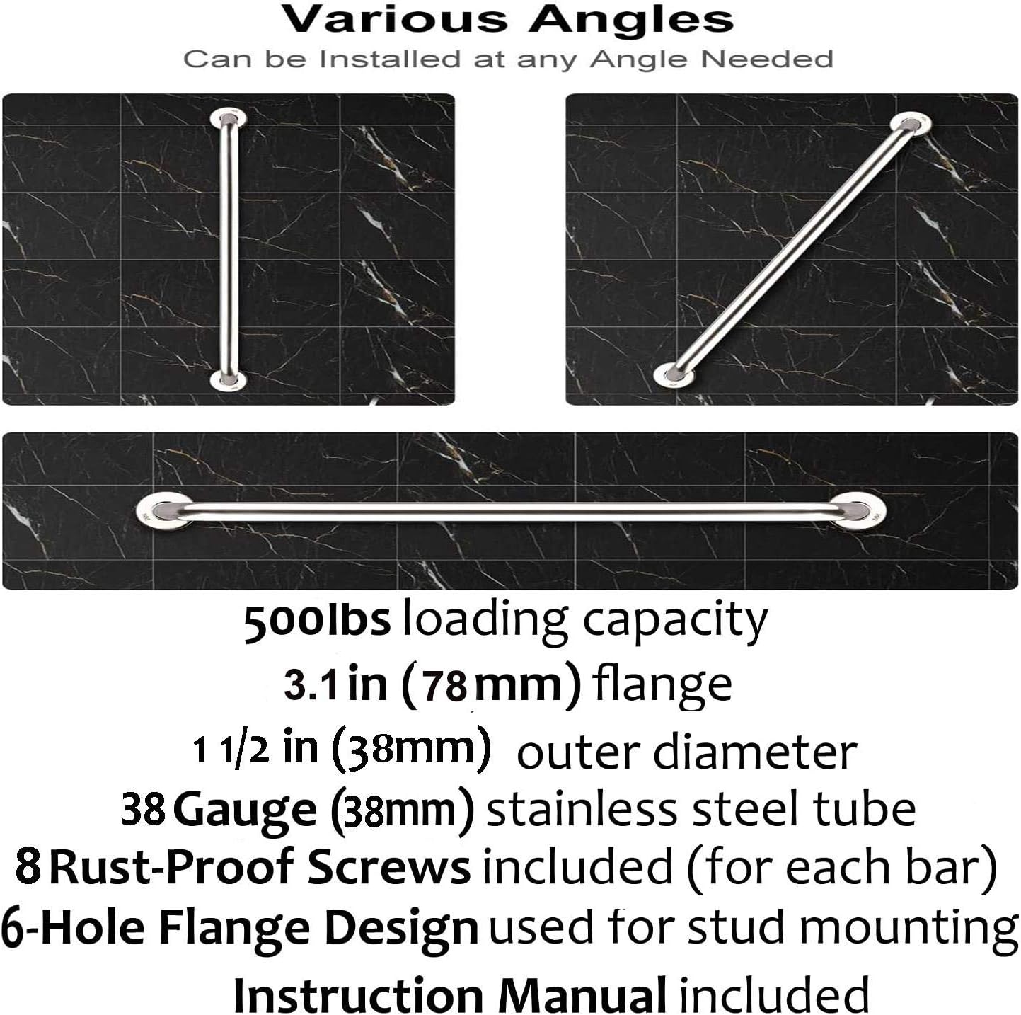 Safety Bath Grab Bar 24-Inch Chrome Stainless Steel with 15 Diameter