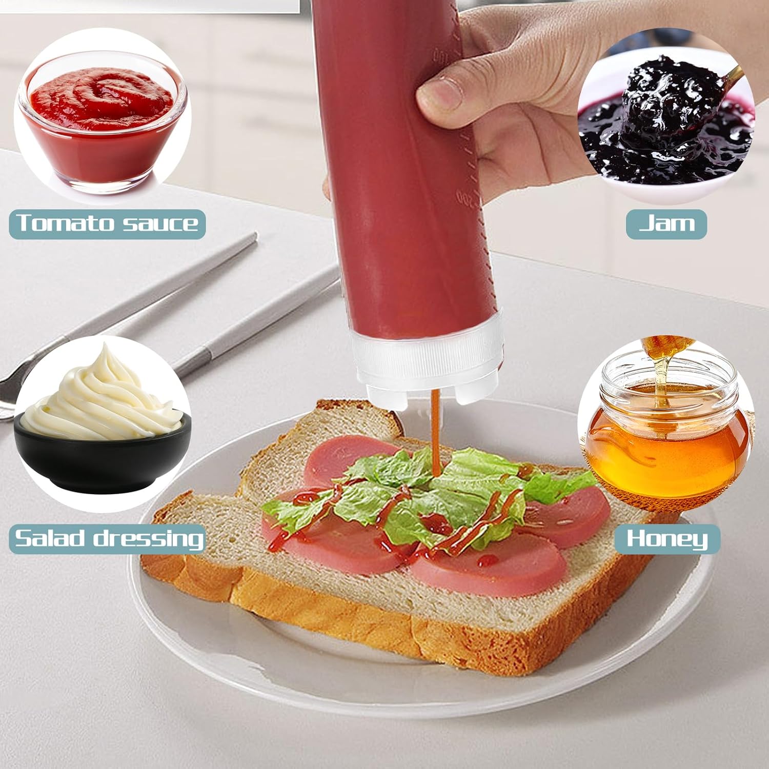 Error-Proof 6-Piece Squeeze Bottle Set - Invertible 16oz Condiment Dispenser
