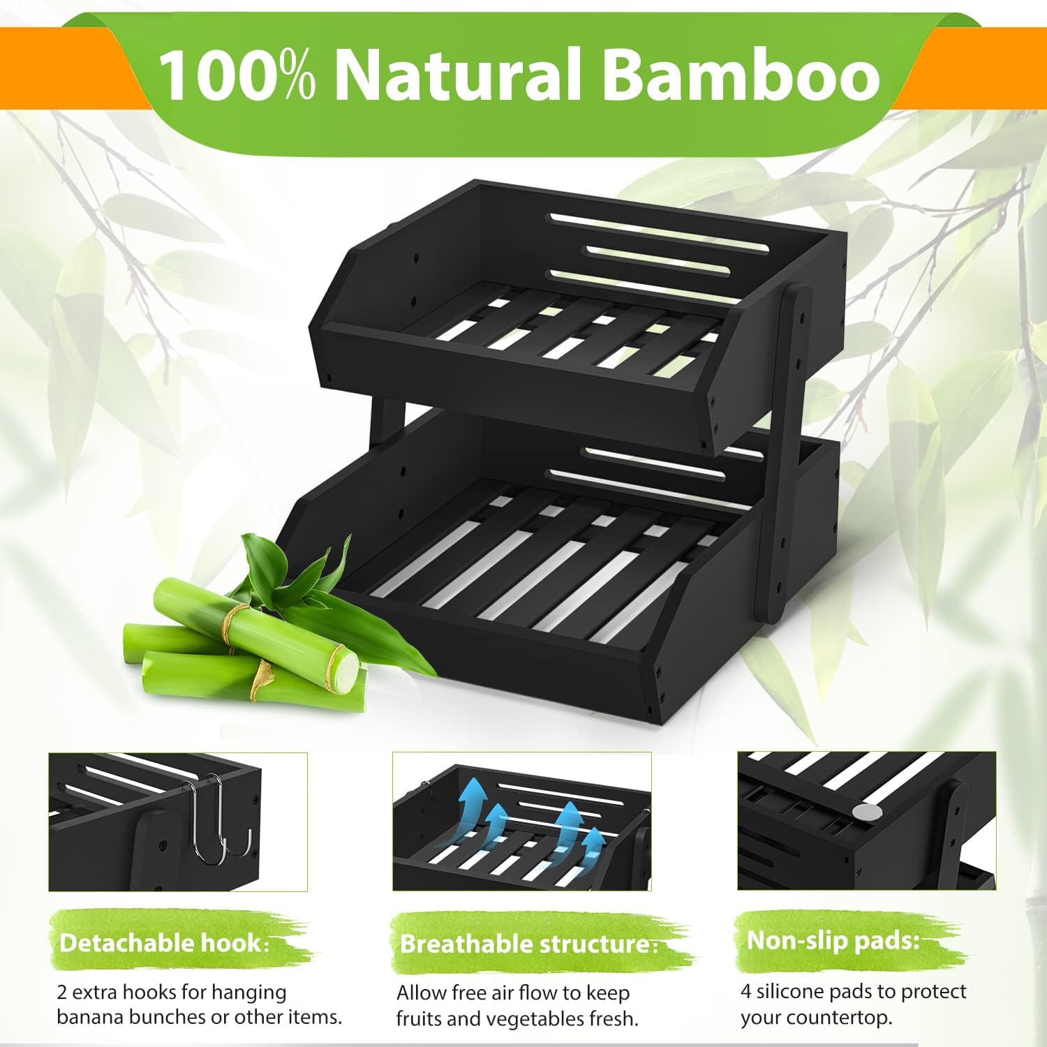 Gmtsl Bamboo Fruit Basket for Kitchen 2-Tier Storage Solution