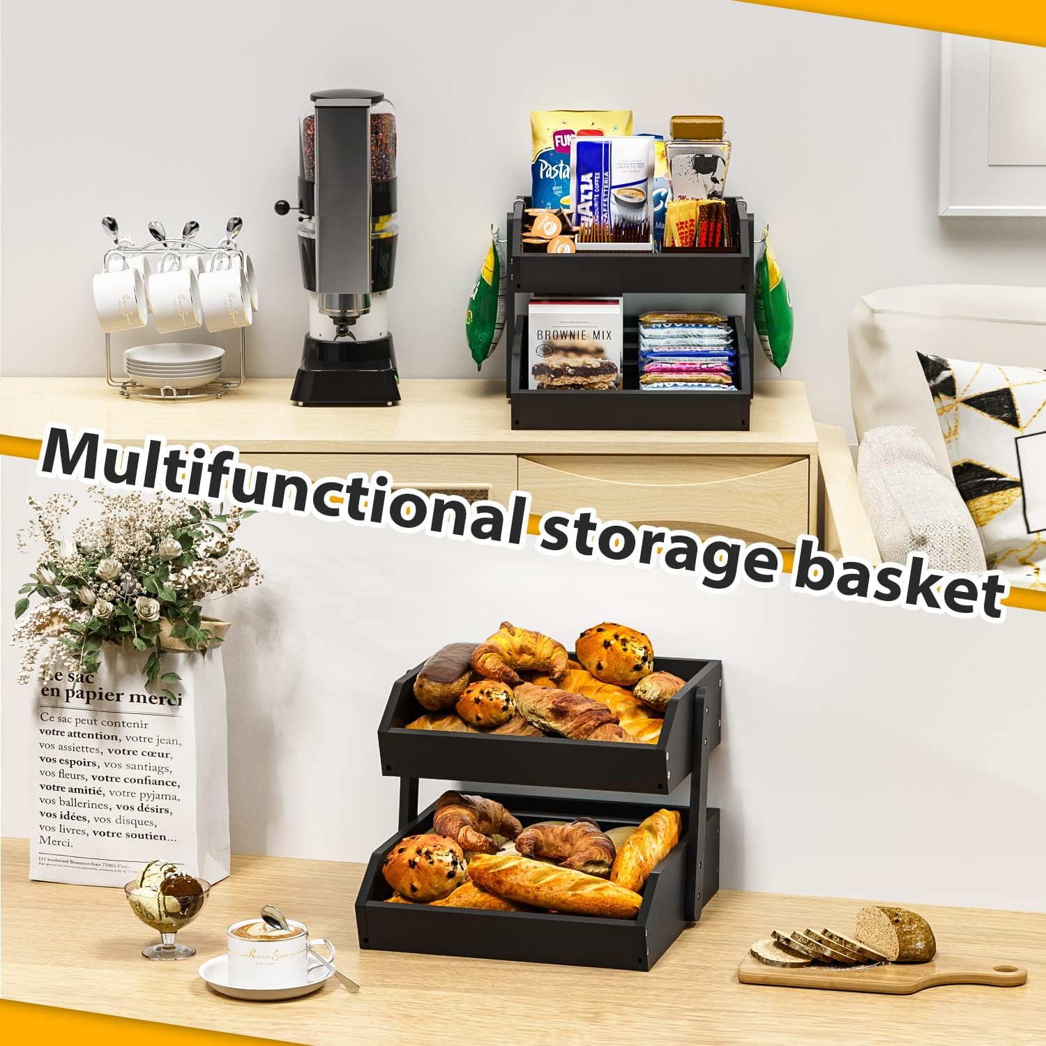 Gmtsl Bamboo Fruit Basket for Kitchen 2-Tier Storage Solution