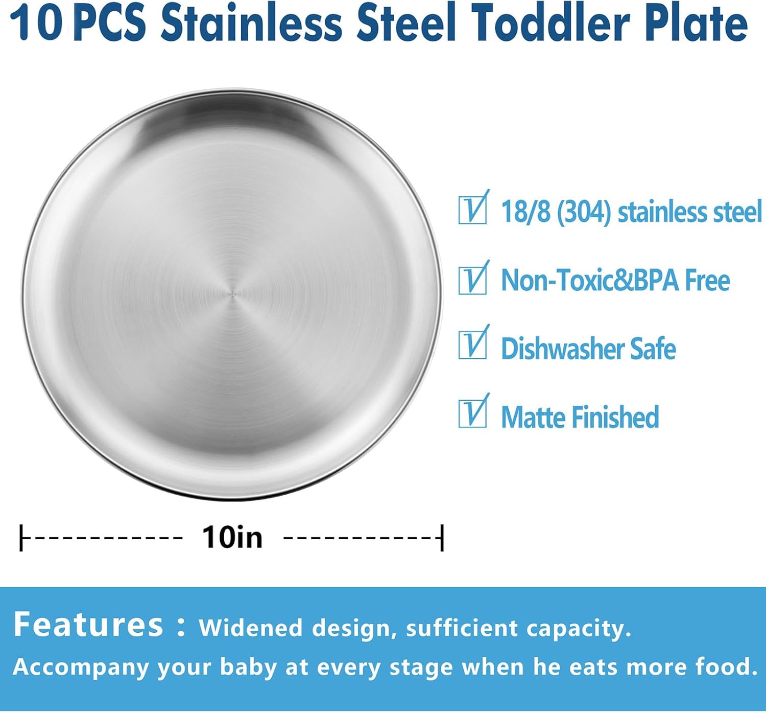 10-Piece 188 Stainless Steel Plates for Kids