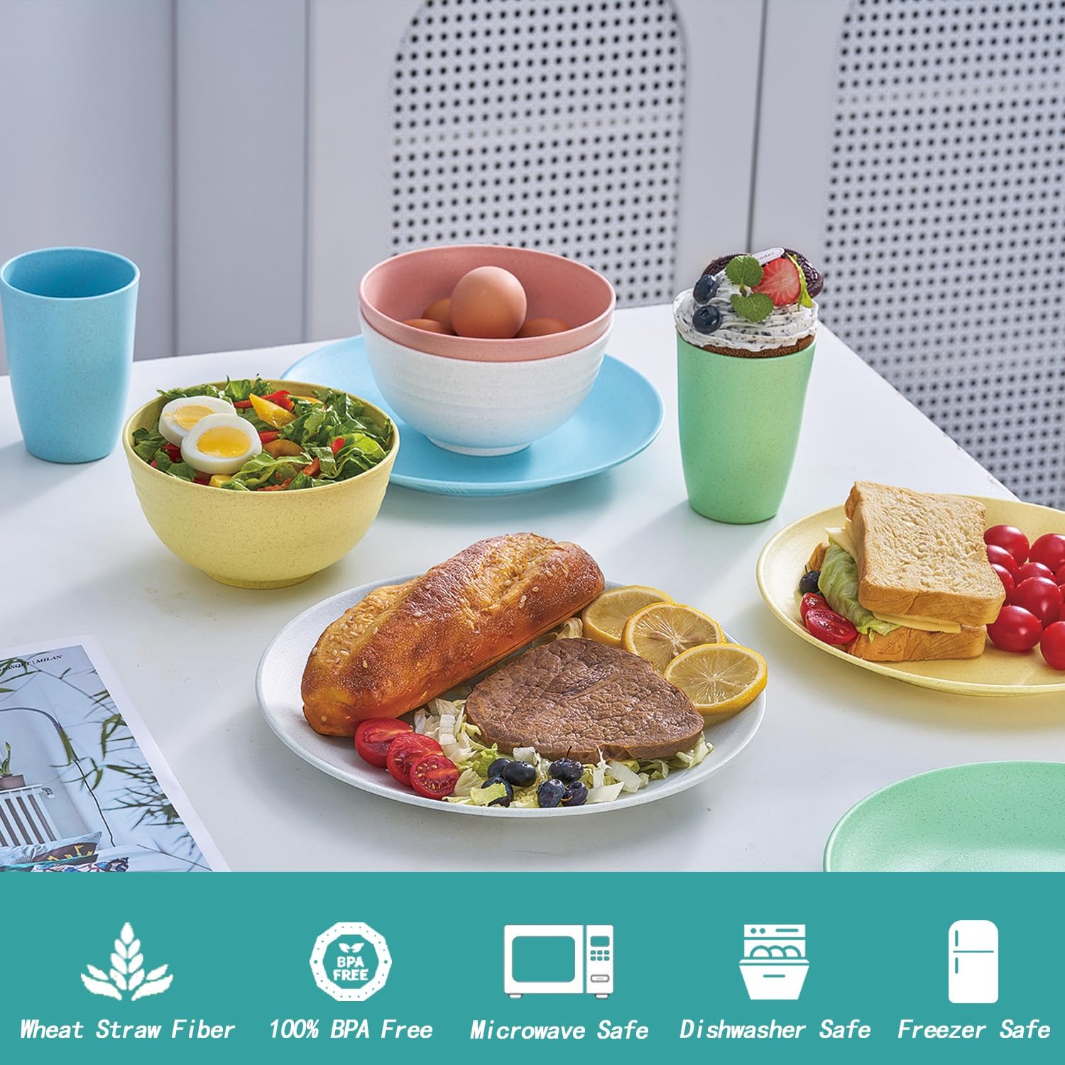 PYRMONT Reusable Plastic Dinnerware Sets for 6 BPA-Free Microwave Safe