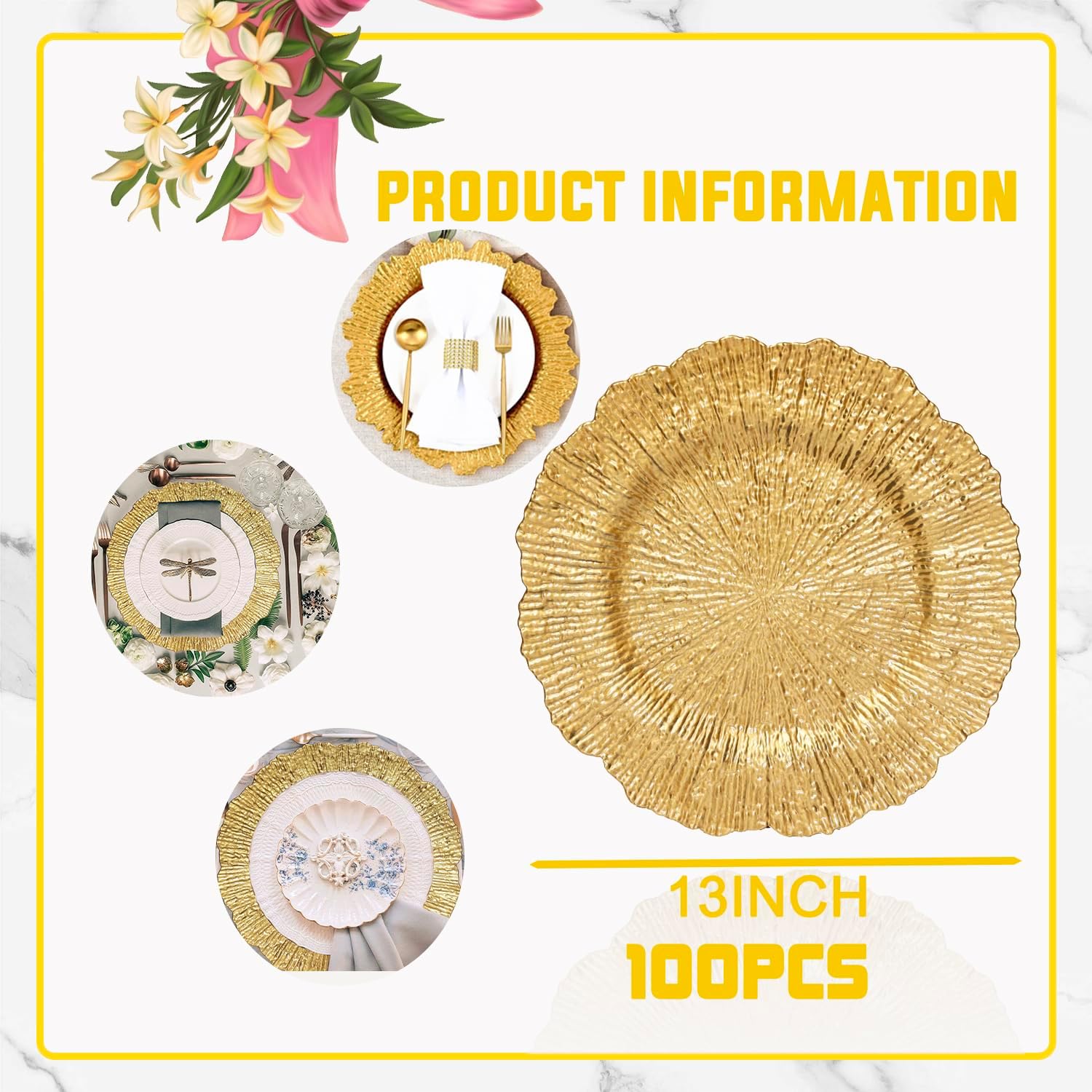 100 Pcs Matte Gold Charger Plates Bulk Set Elegant Dinnerware for Events