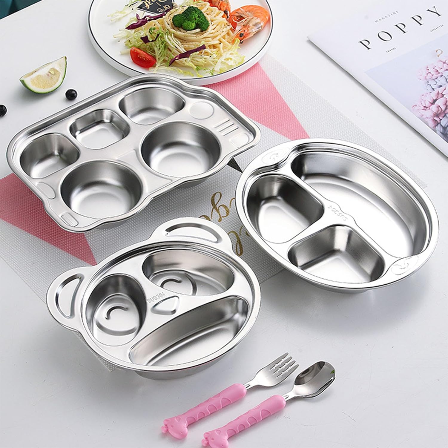 4 Pack Stainless Steel Divided Plates with 3 Compartment Design