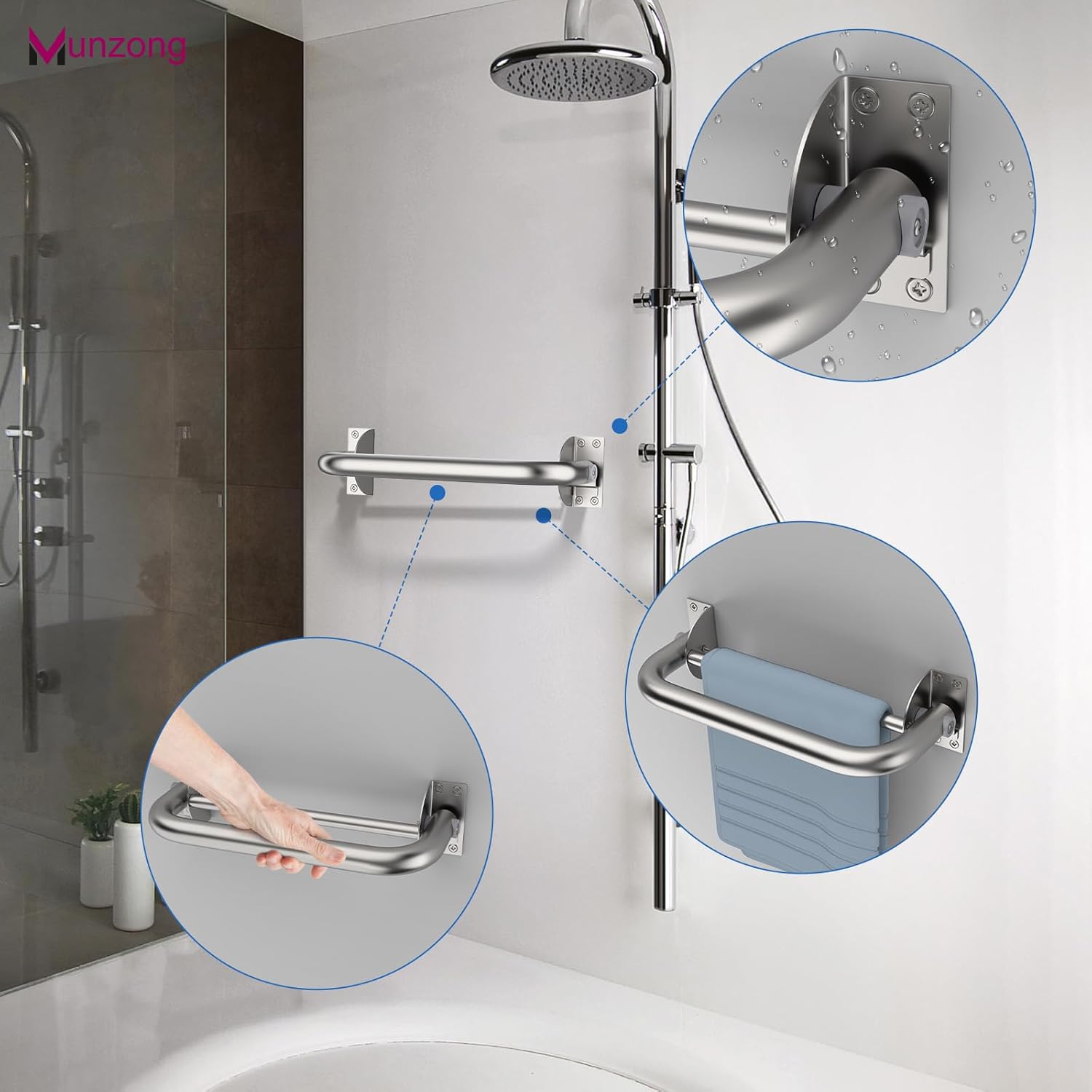 Munzong 16 Inch Stainless Steel Shower Grab Bar with Hooks