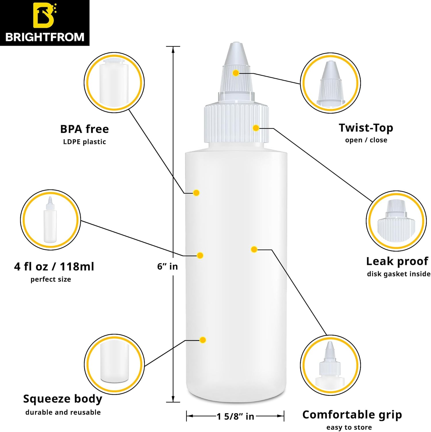 BRIGHTFROM Multi-Purpose Condiment Craft Squeeze Bottles 4 oz Eco-Friendly 4-Pack
