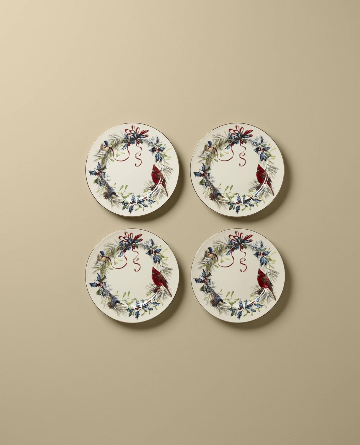 Lenox Winter Greetings Salad Plates Set of 4 Red Green