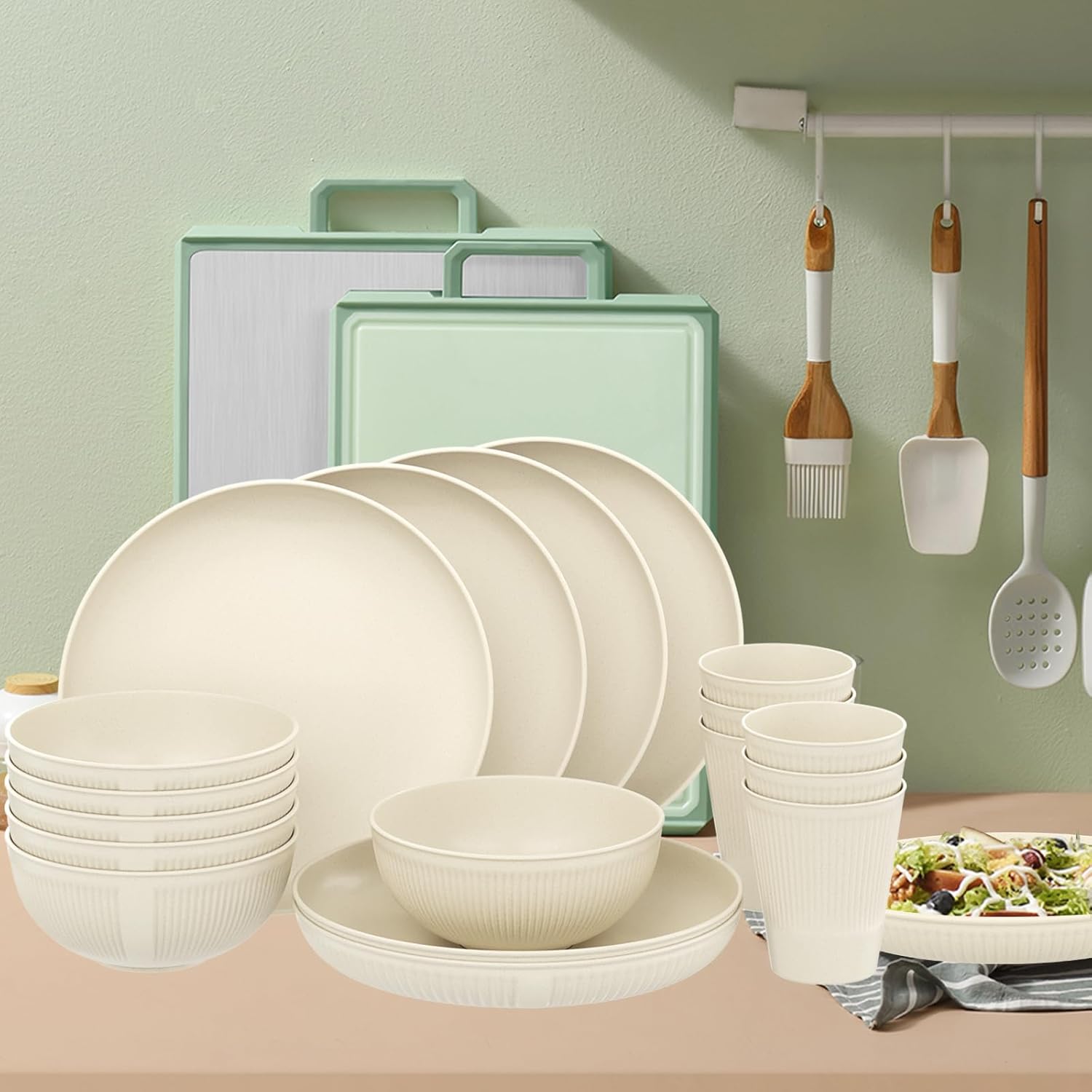 18PCS Unbreakable Wheat Straw Dinnerware Set for Kitchen Camping Multi-Scene Use