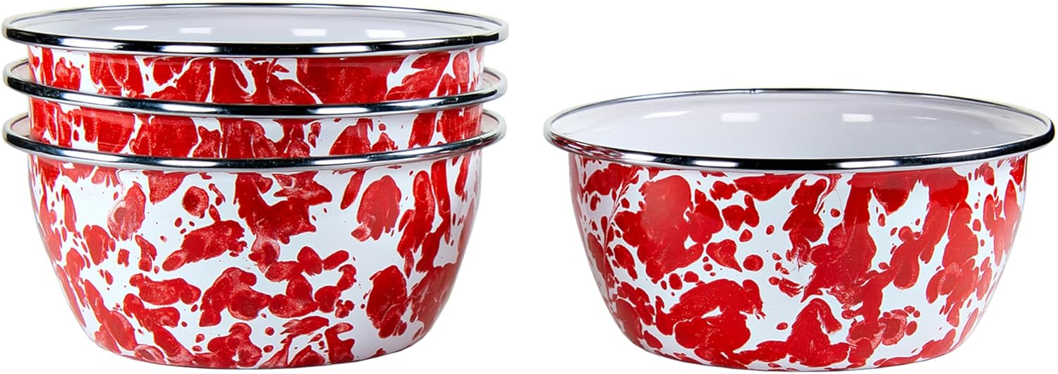 Golden Rabbit Enamelware Set 4-Piece Salad Bowls Red Swirl Traditions