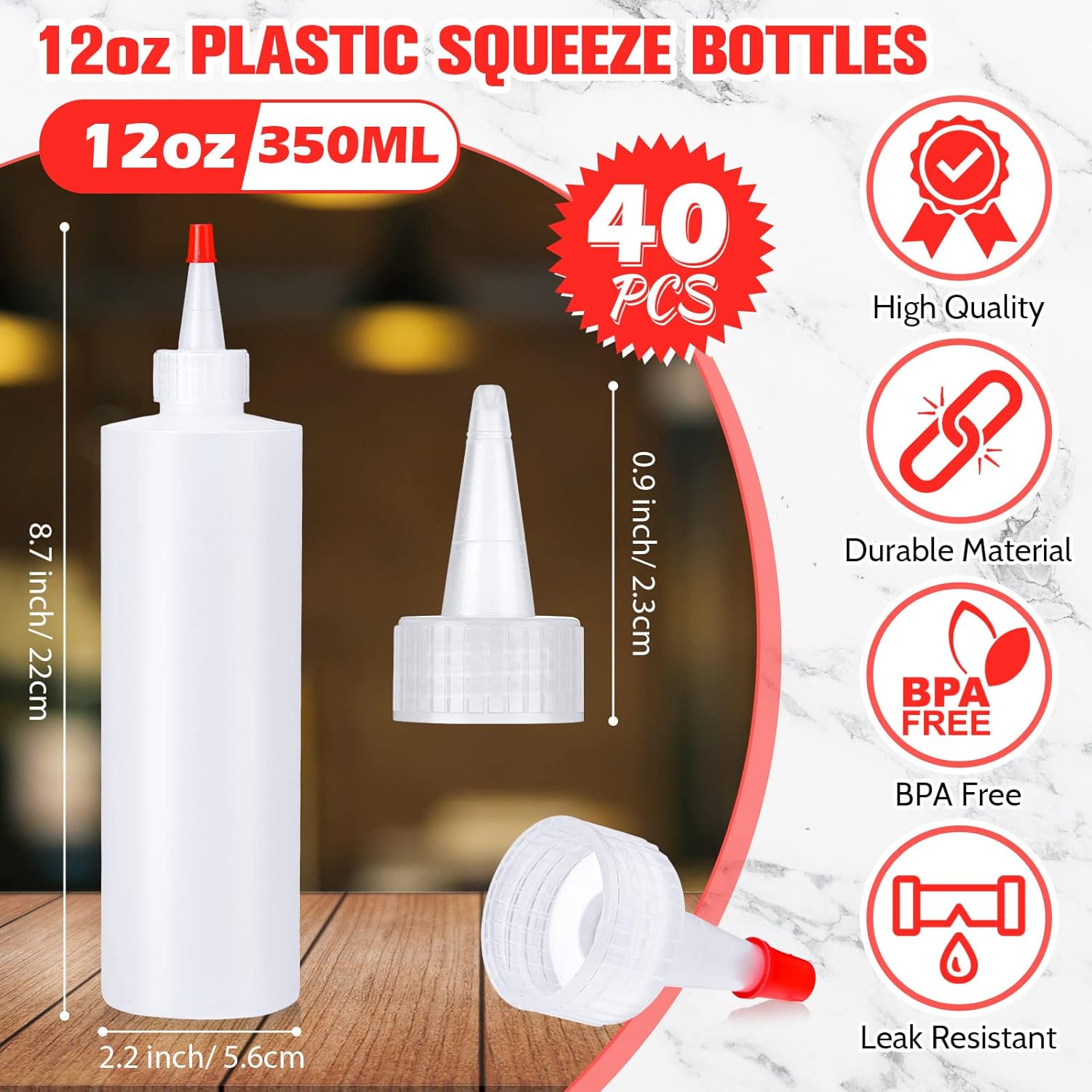 Irenare 40 Pcs 12 oz Condiment Squeeze Bottles with Red Tip Caps