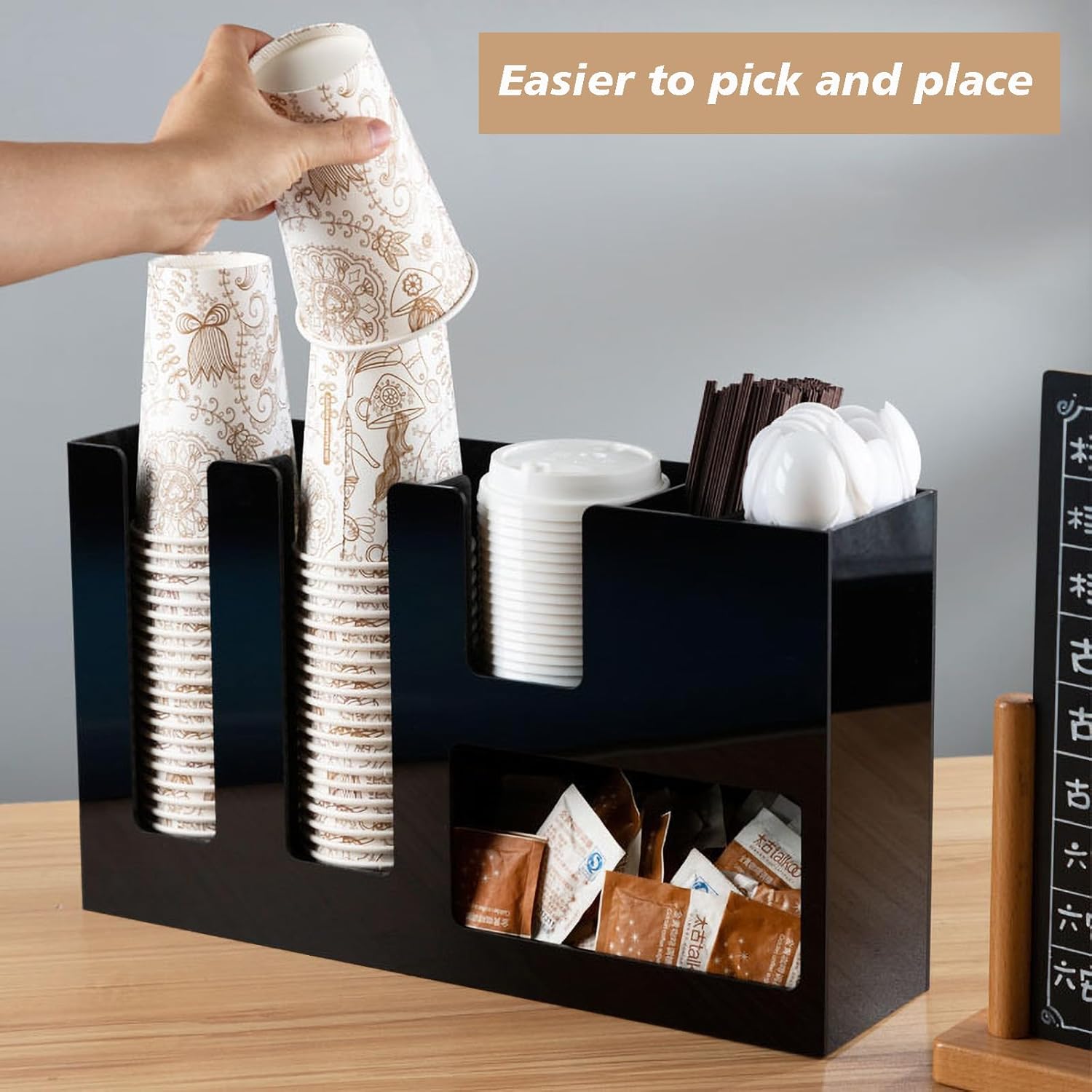6 Compartment Coffee Condiment and Cup Storage Organizer Black