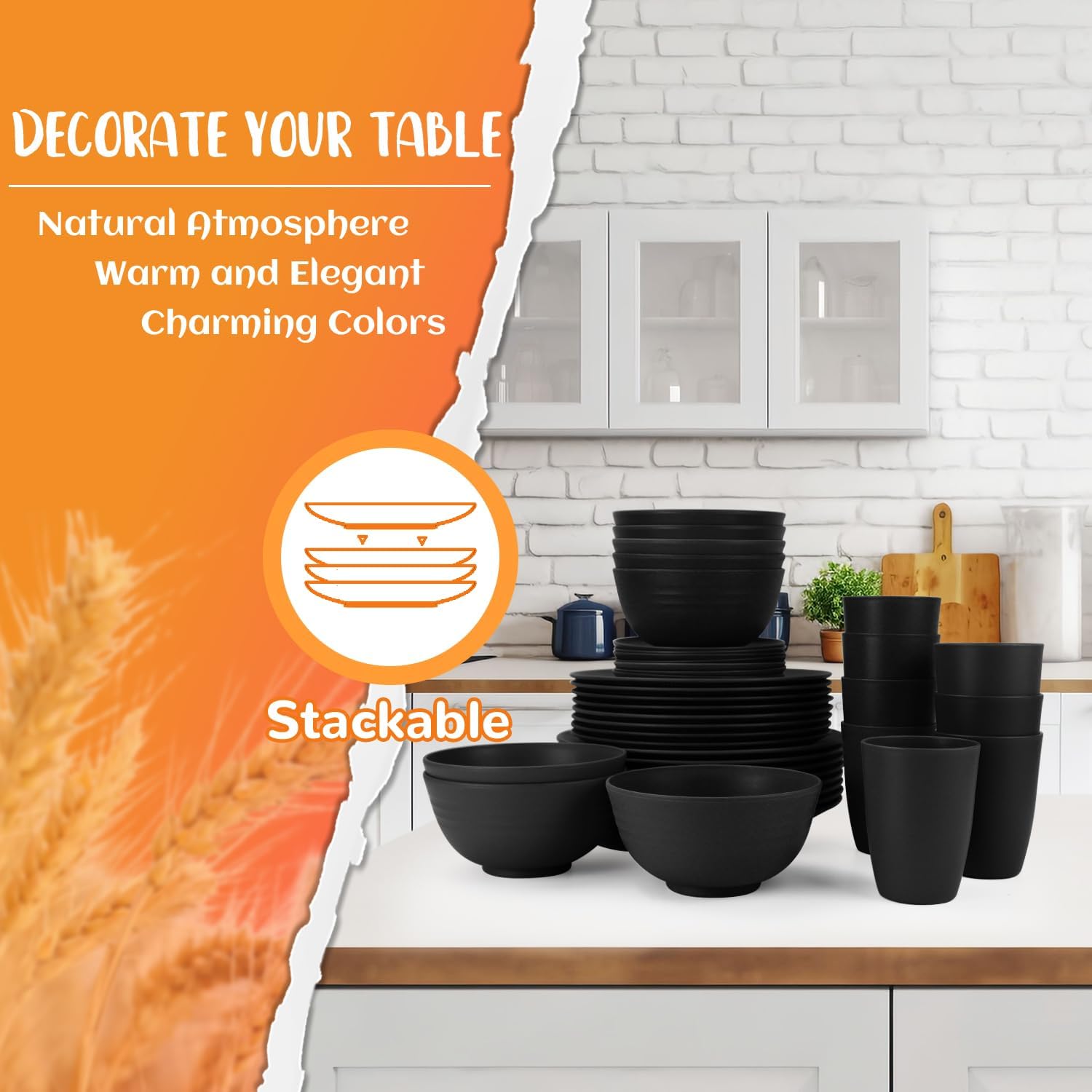 Organic Reusable Plastic Dinnerware Set with Wheat Straw