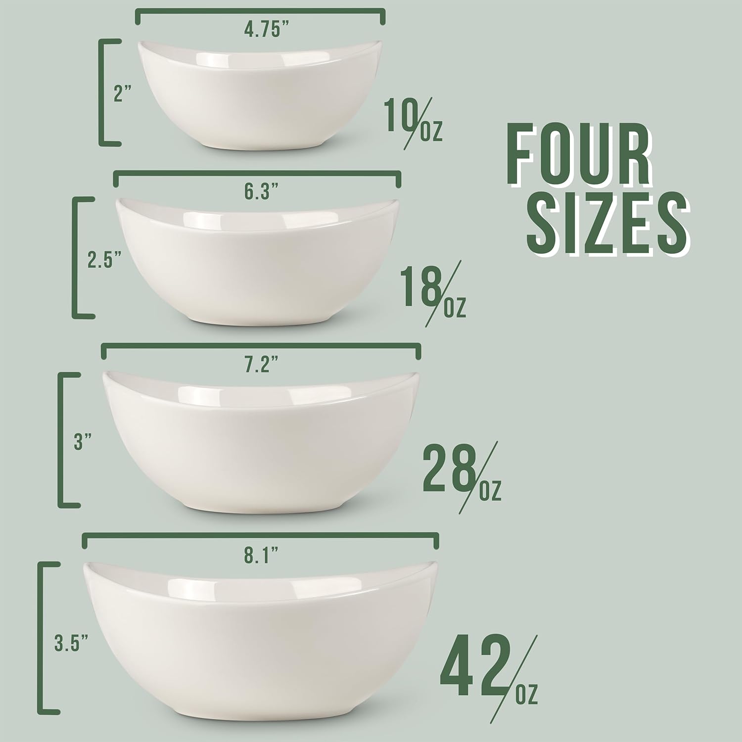 Home Beets White Ceramic Bowl Set of 4 10-18-28-42 Ounce