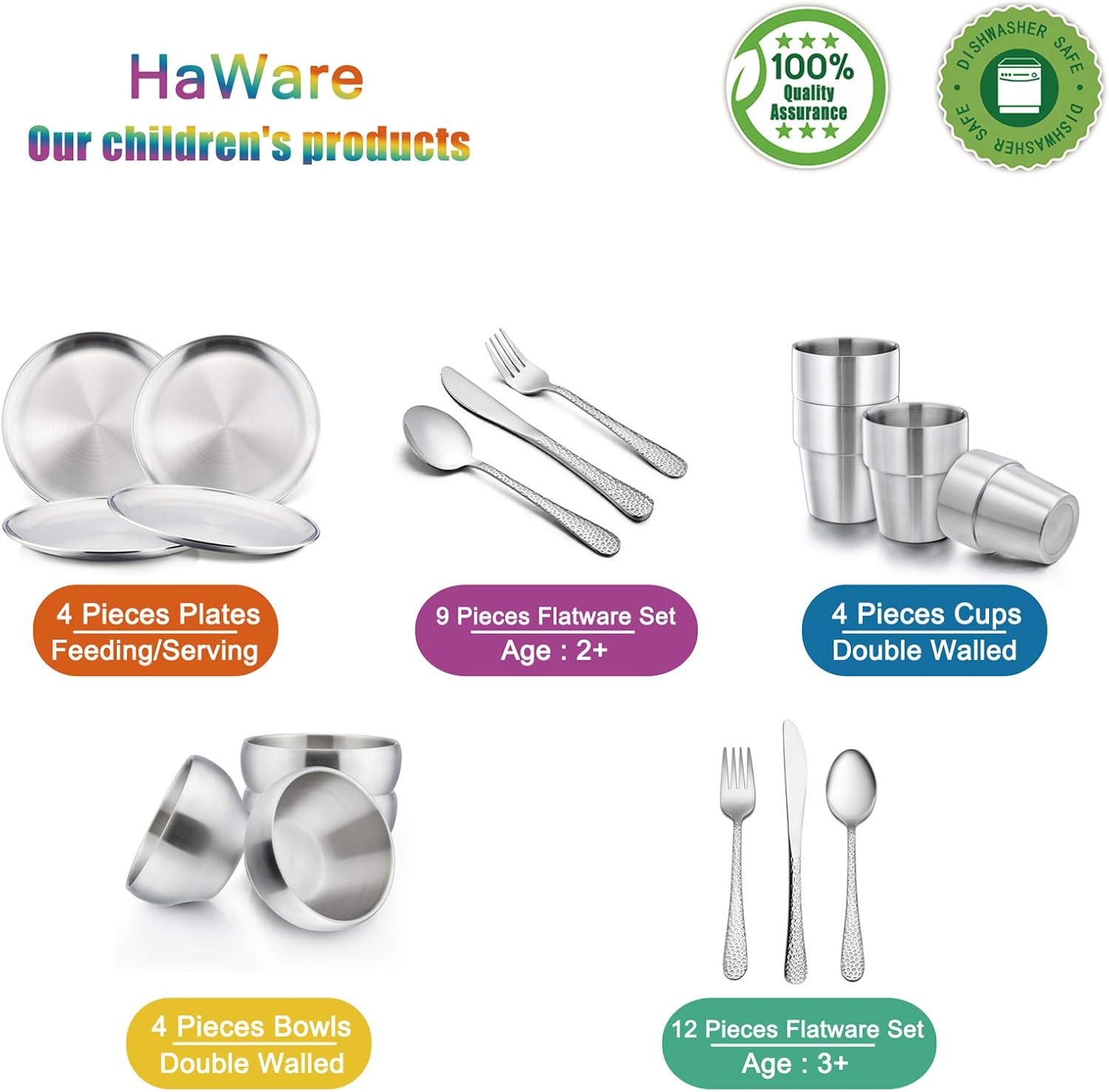 HaWare 6-Piece Stainless Steel Plates for Kids