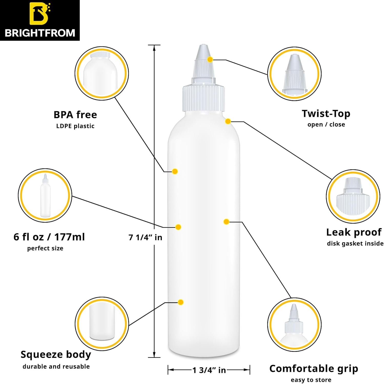 Brightfrom 6-Ounce Squeeze Condiment Bottle - BPA-Free and Leak-Proof