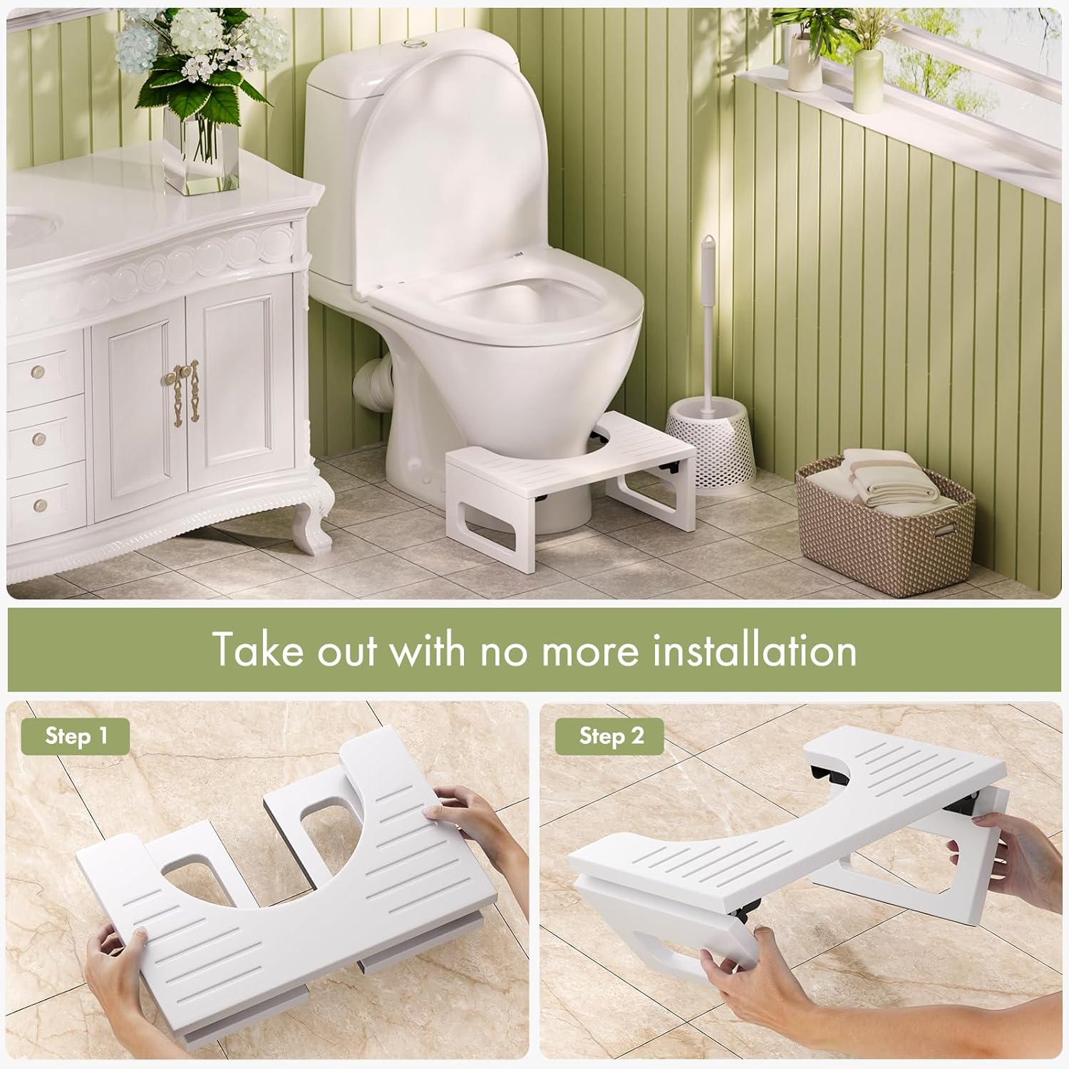AmazerBath 7-inch Bamboo Collapsible Toilet Squat for Adults Non-Slip White