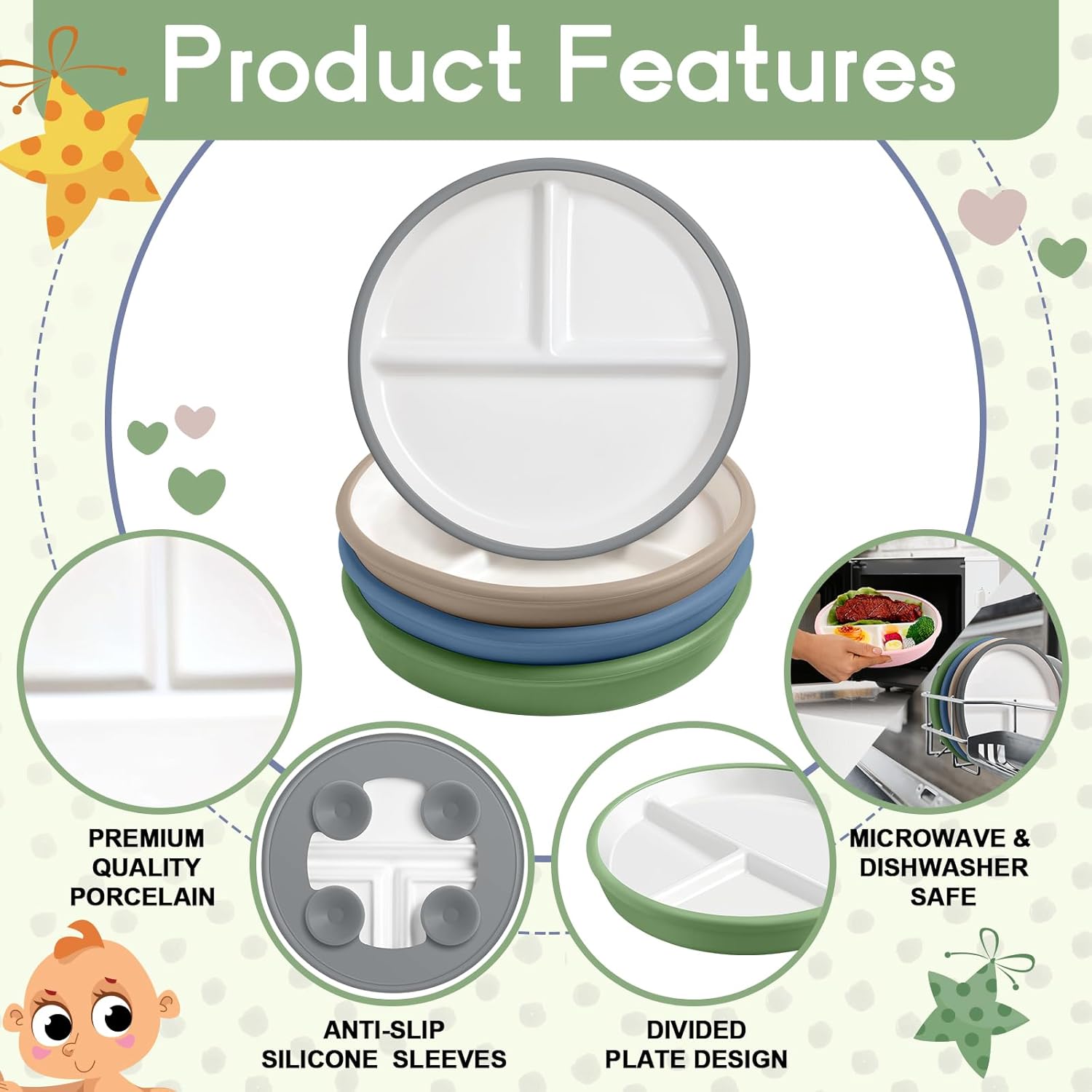 Domensi 8 SafePorcelain Plates for Kids with Anti-Slip Silicone Sleeves