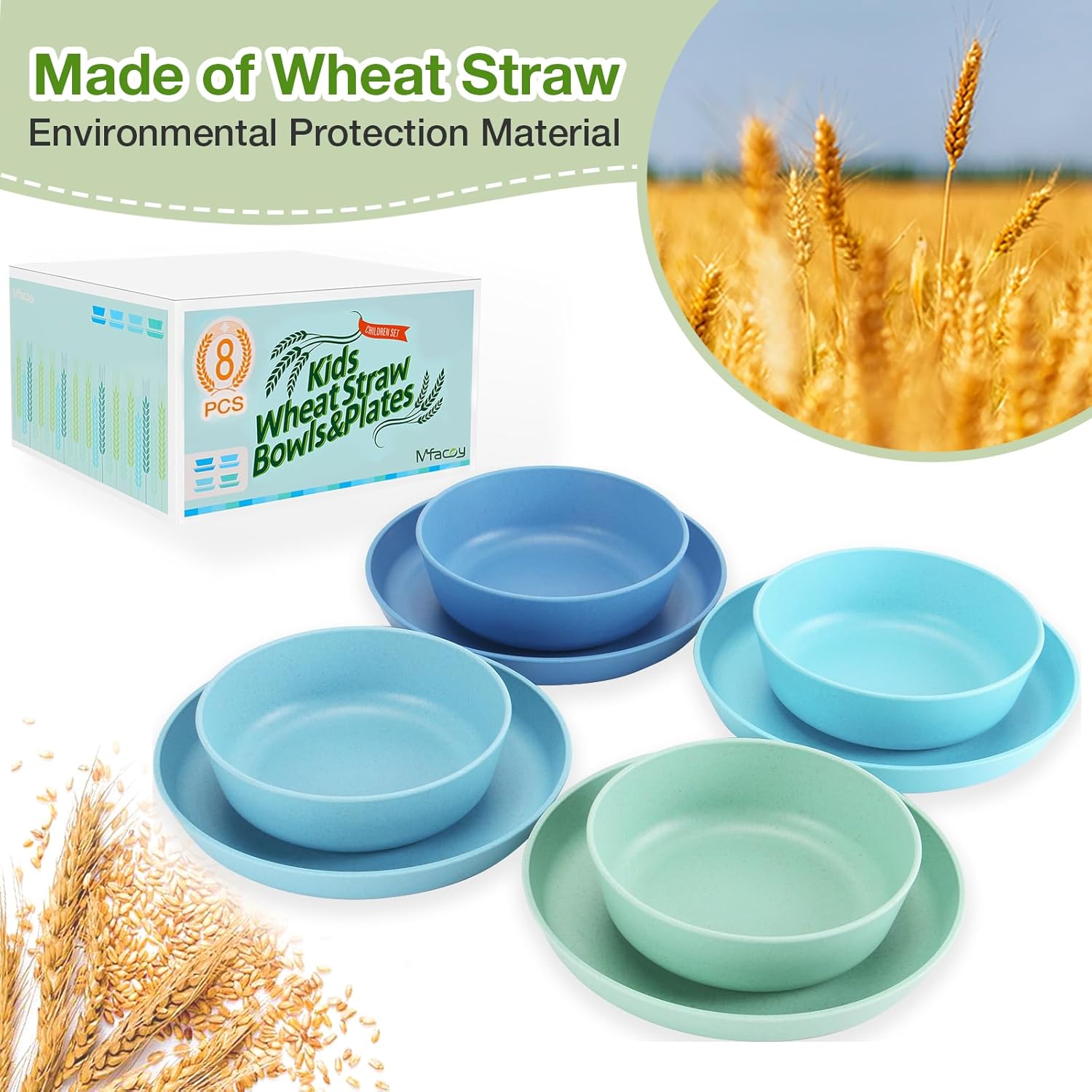 Mfacoy Kids Unbreakable Wheat Straw Dinner Plates Bowls Set