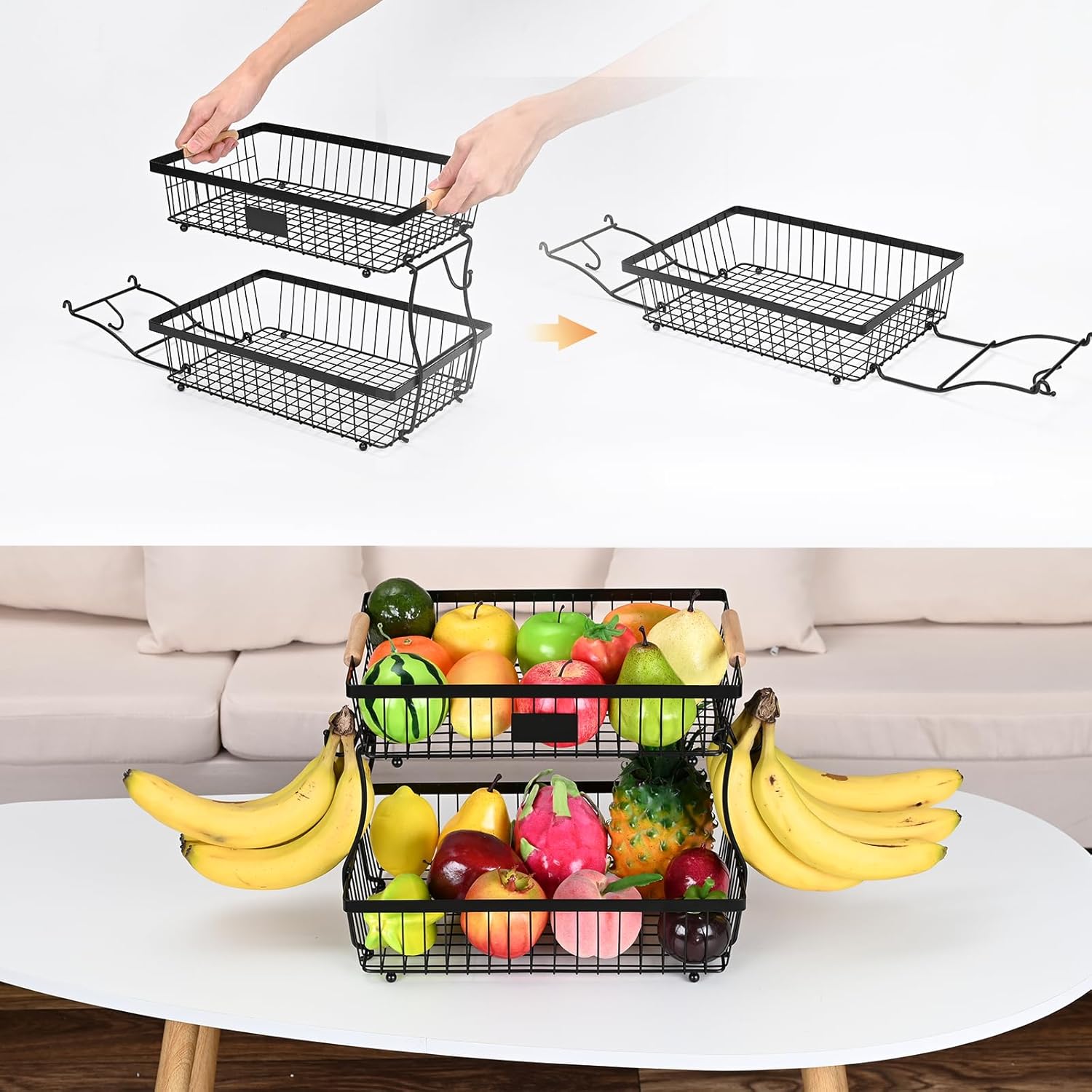 Lawhood-Mijin Fruit Basket Bowl 2 Tier Detachable with 2 Banana Hangers
