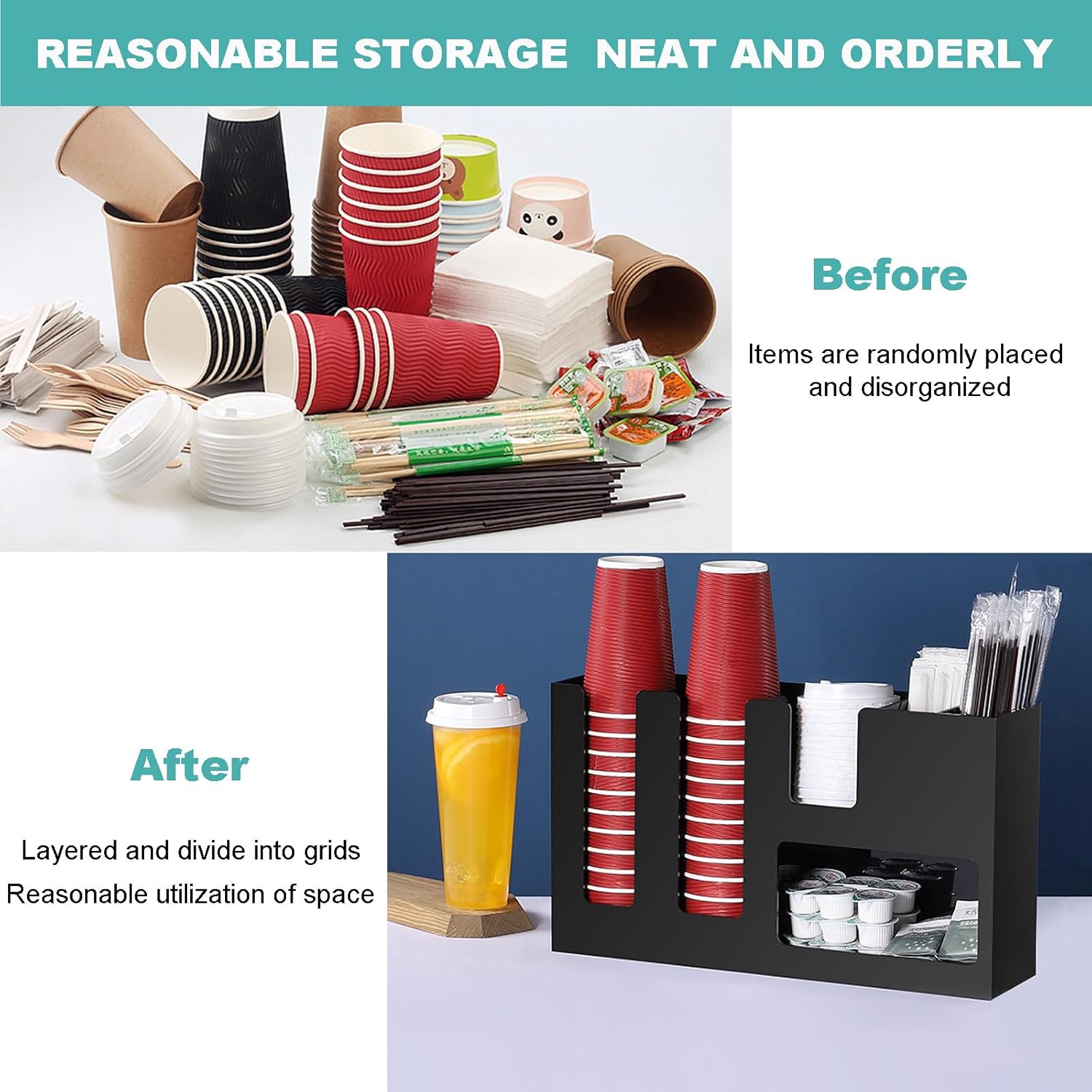 6 Compartment Coffee Condiment and Cup Storage Organizer Black