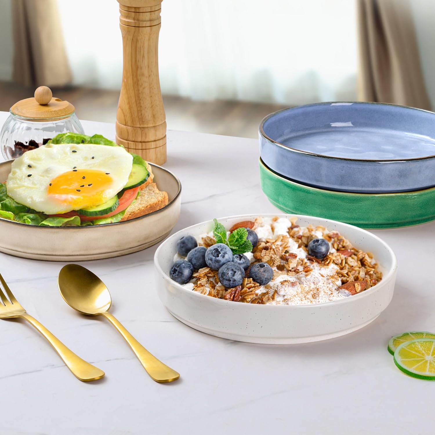 E-Far Premium Pasta Bowls Set of 4 30oz Stoneware with Reactive Glaze
