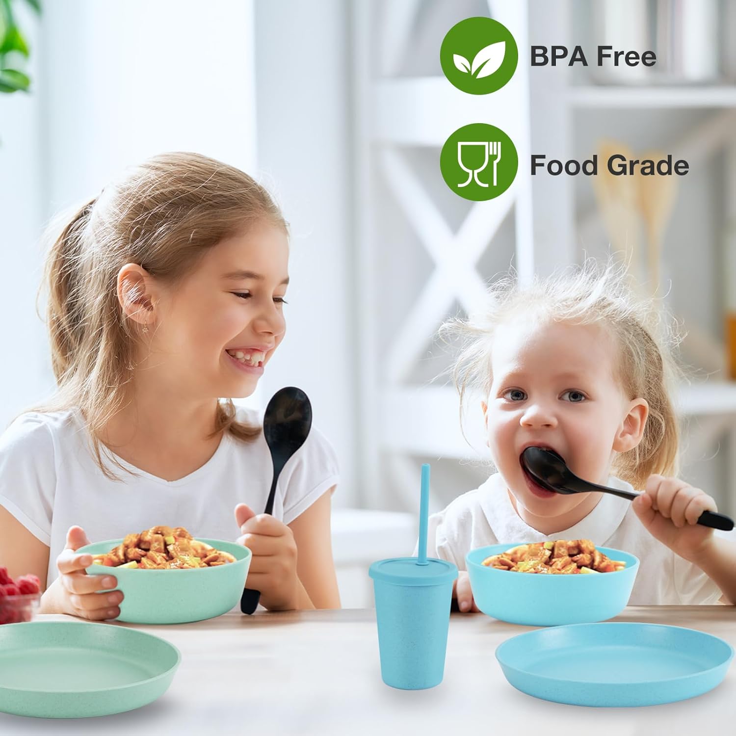Mfacoy Kids Unbreakable Wheat Straw Dinner Plates Bowls Set
