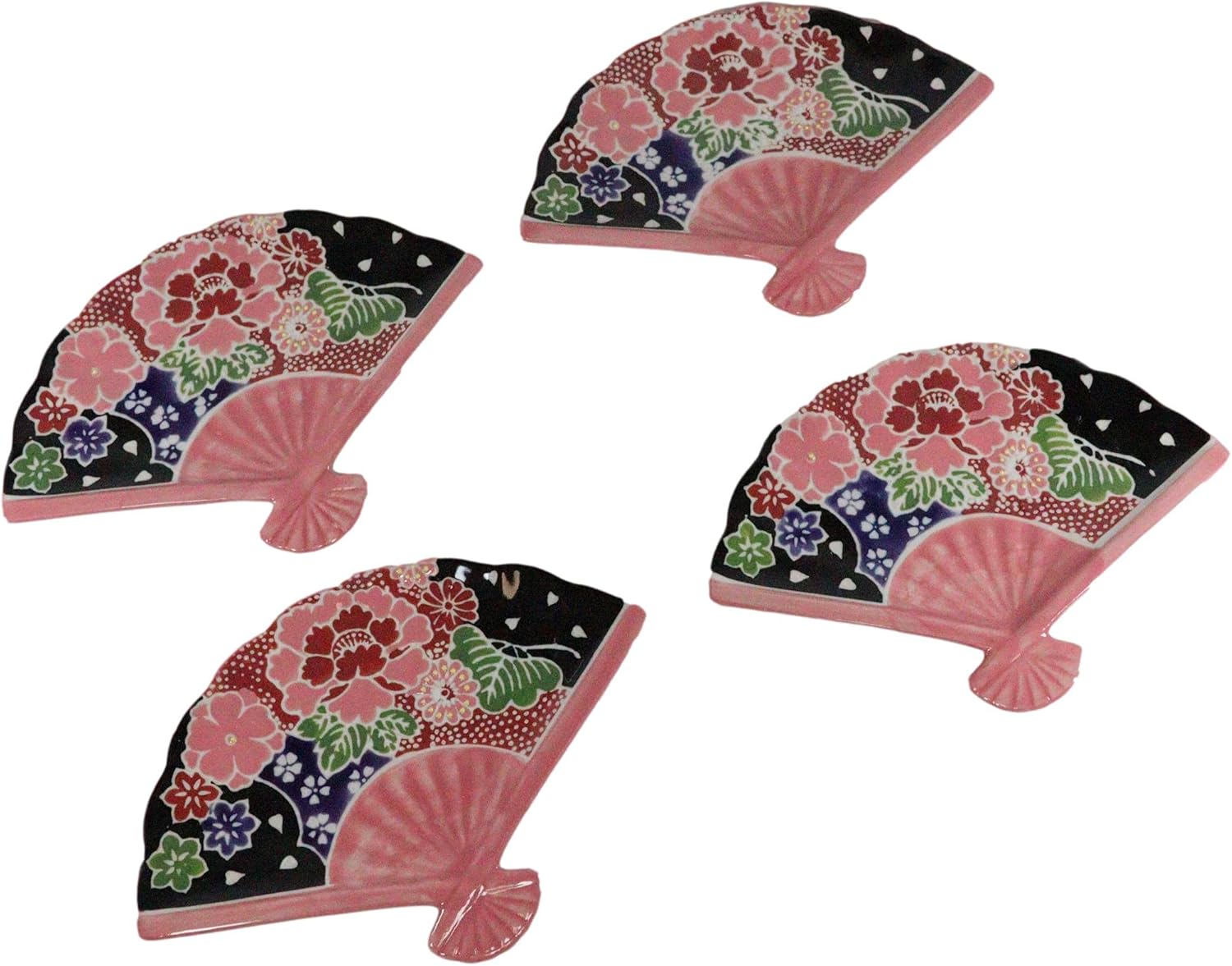 Ebros 4-Piece Oriental FoldedFan Shaped Appetizer Plates Pink Floral Design