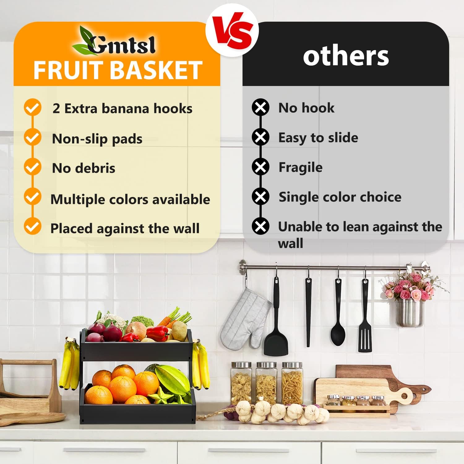 Gmtsl Bamboo Fruit Basket for Kitchen 2-Tier Storage Solution