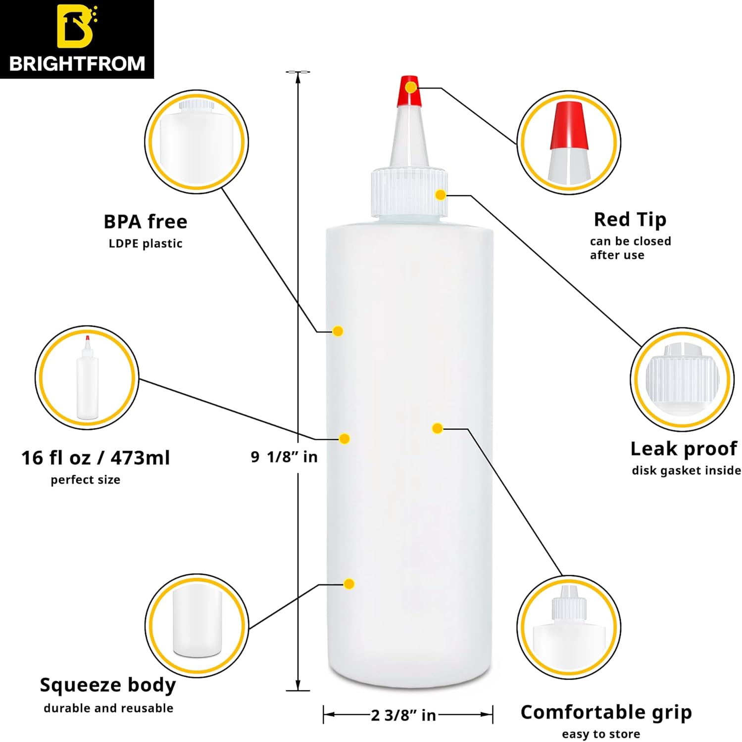 BRIGHTFROM 16oz Squeeze Bottle BPA-Free Leak-Proof for Kitchen Crafting