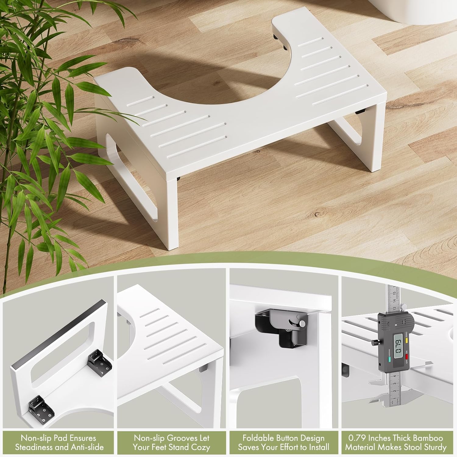 AmazerBath 7-inch Bamboo Collapsible Toilet Squat for Adults Non-Slip White