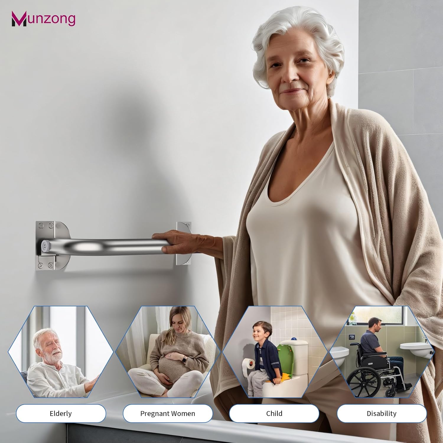 Munzong 16 Inch Stainless Steel Shower Grab Bar with Hooks