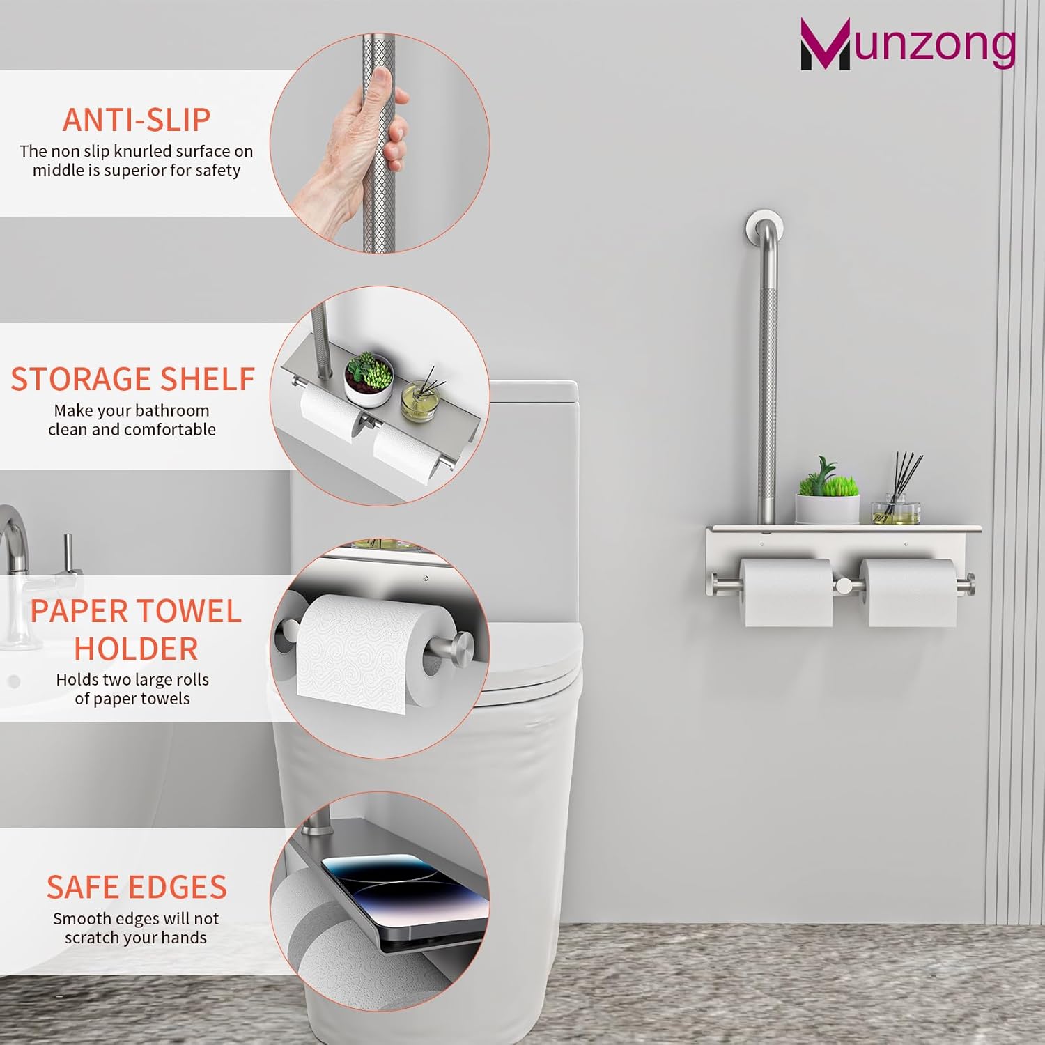 Ergonomic Handrail with Holding Tissue Storage Safety for Bathroom