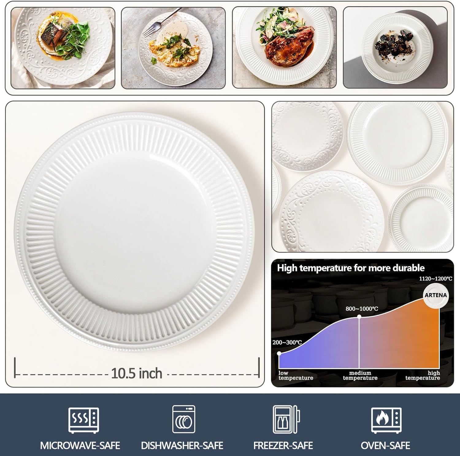 Artema 105-inch Embossed White Ceramic Dinner Plates Set of 4
