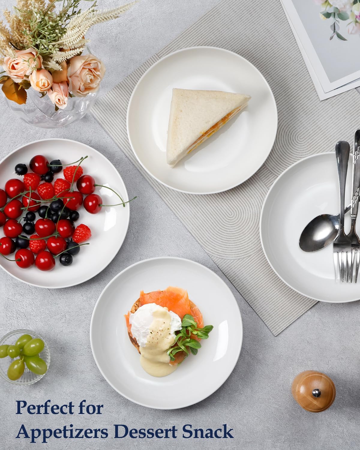 Ceramic Salad Plates with Rim Protection White Set of 4