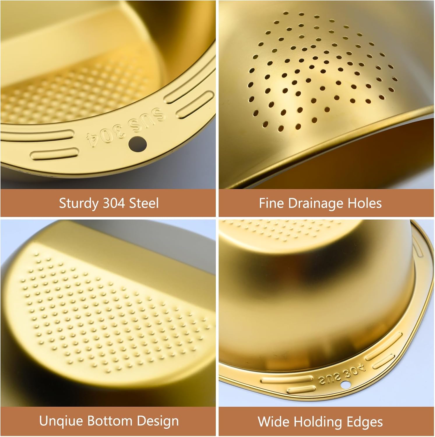 Stainless Steel Rice Washer Strainer Bowl 2pcs Gold Set