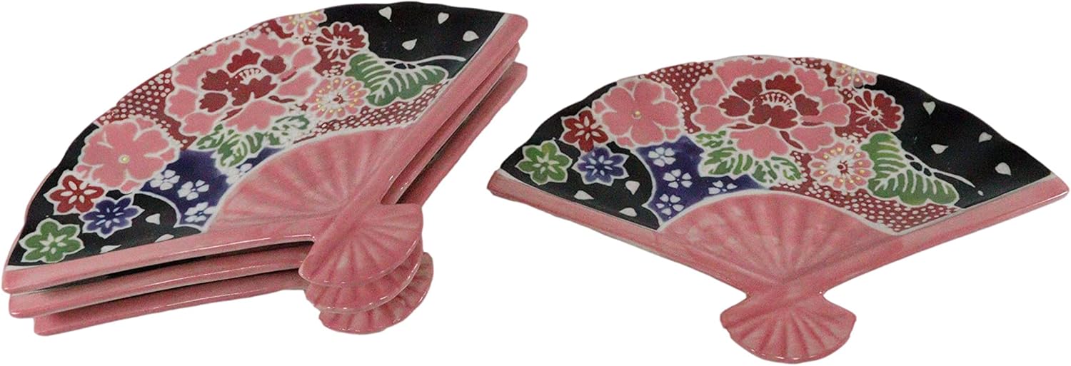 Ebros 4-Piece Oriental FoldedFan Shaped Appetizer Plates Pink Floral Design