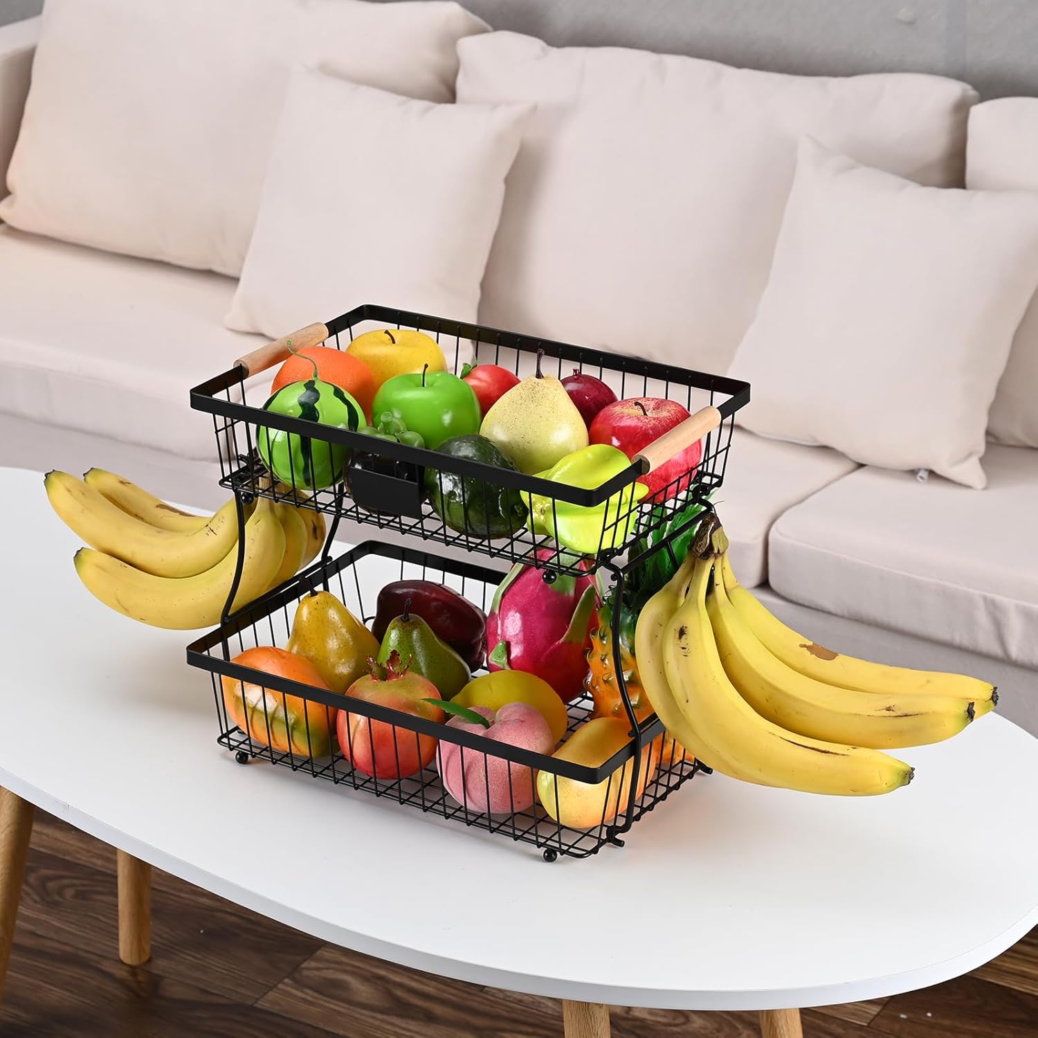 Lawhood-Mijin Fruit Basket Bowl 2 Tier Detachable with 2 Banana Hangers
