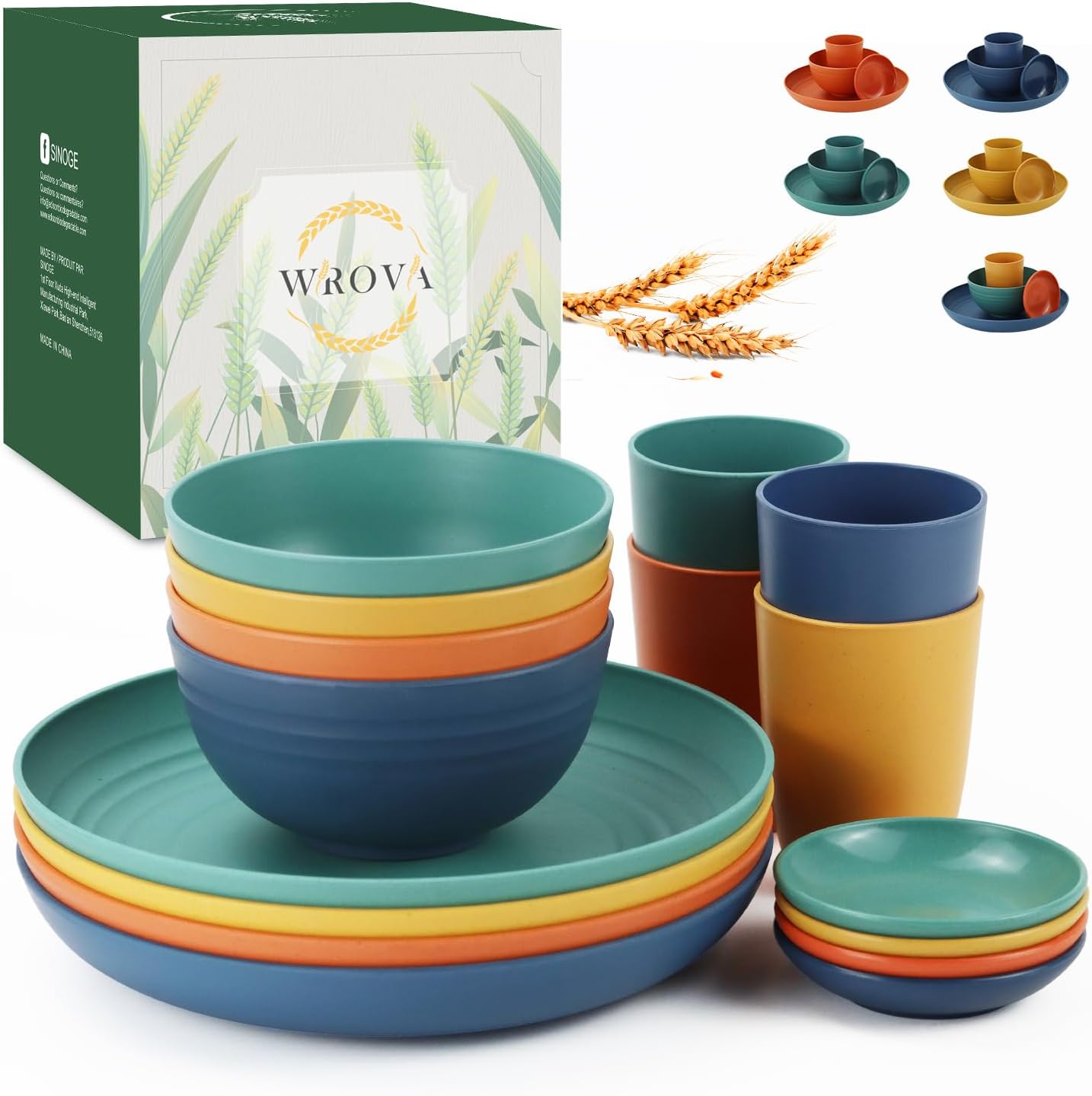 Wrova 16-Piece Unbreakable Wheat Straw Dinnerware Set for Kids and Adults