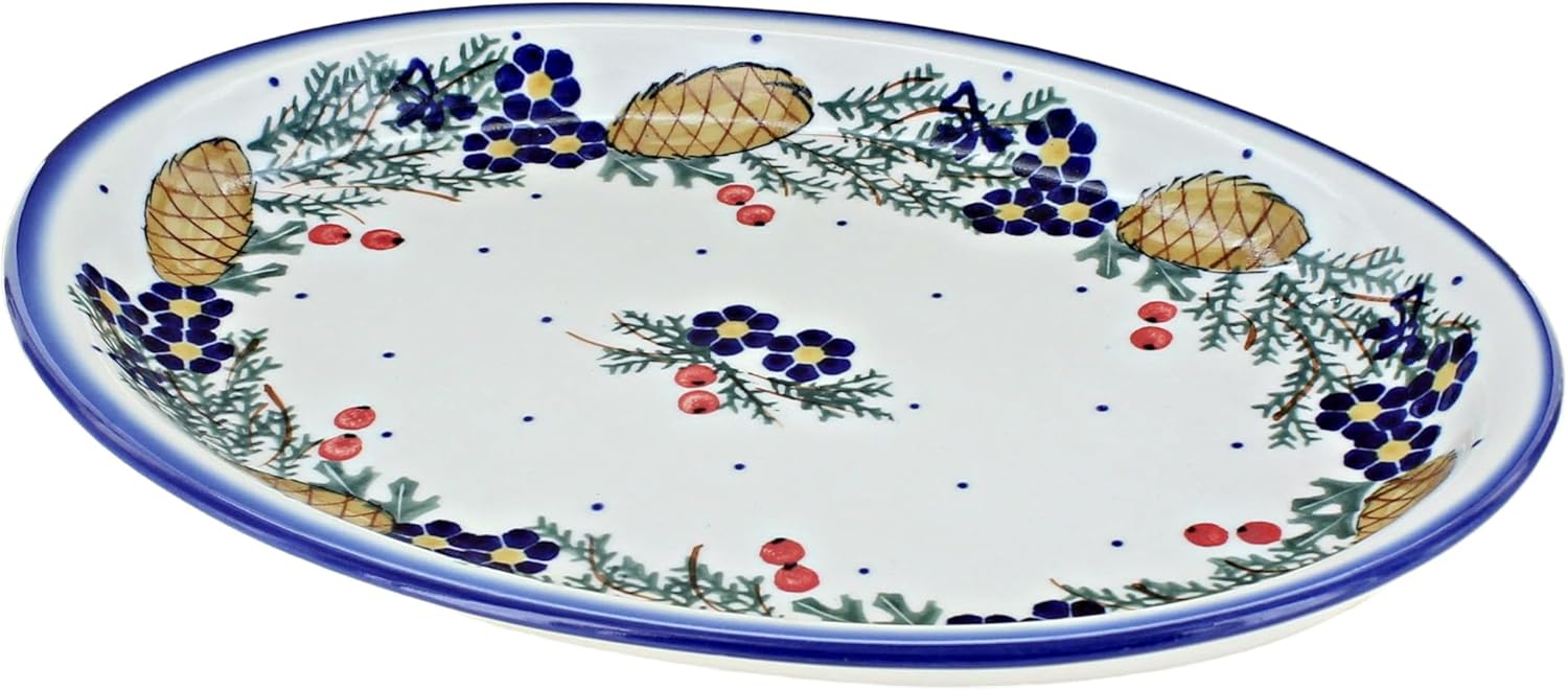 Elegant Pinecone Oval Dish Blue Rose Polish Pottery