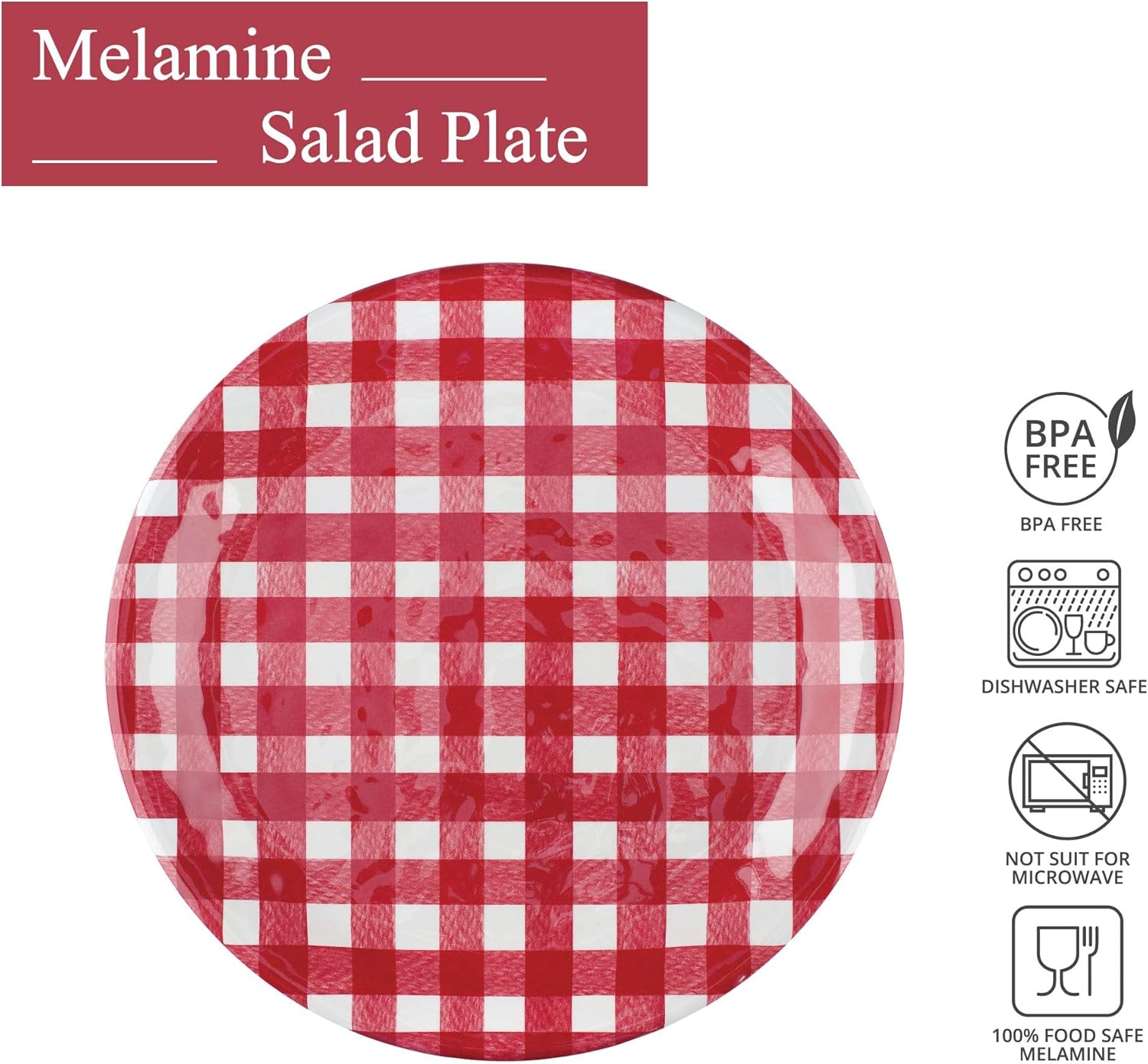 UPware Melamine Salad Plate Set of 6 BPA-Free dishwasher-safe Gingham Design