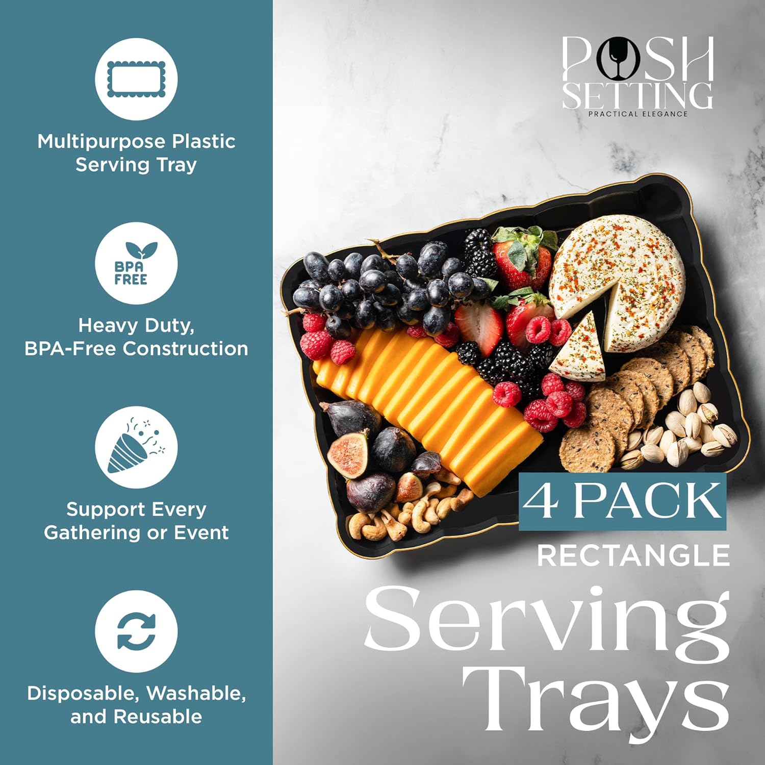 Sleek Plastic Serving Trays - Black Gold 9x13 BPA-Free for Party Essentials